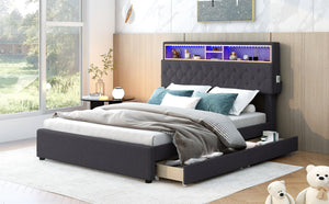 Full Size Height Adjustable Upholstered Platform Bed With Storage Headboard, LED, USB Charging And 2 Drawers, Dark Gray