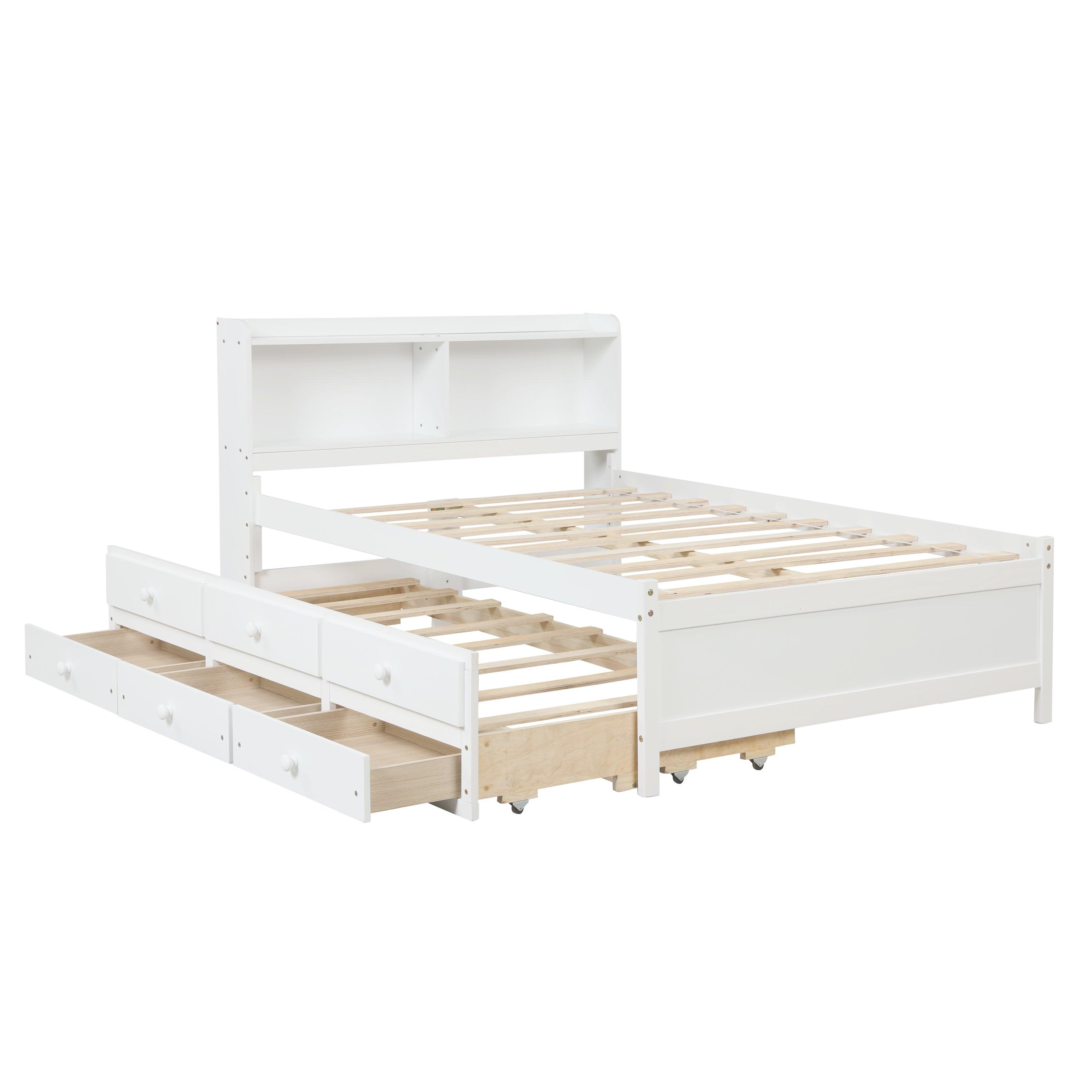 Full Bed With Bookcase, Twin Trundle & Drawers, White