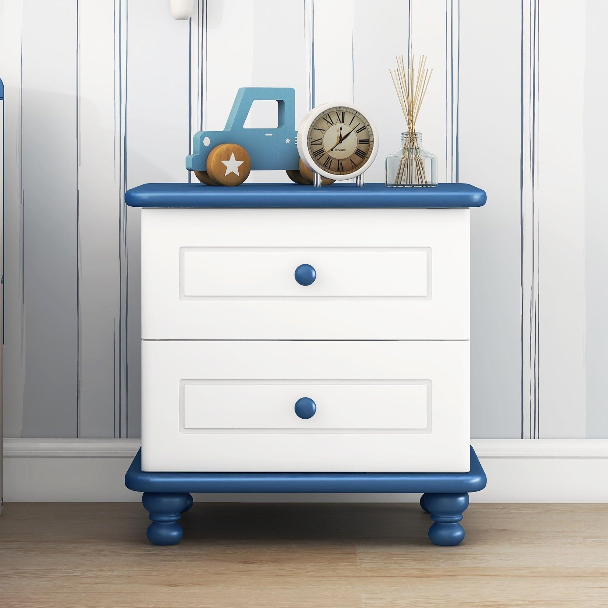 🆓🚛 Jemengro Wooden Nightstand With Two Drawers for Kids - White+Blue