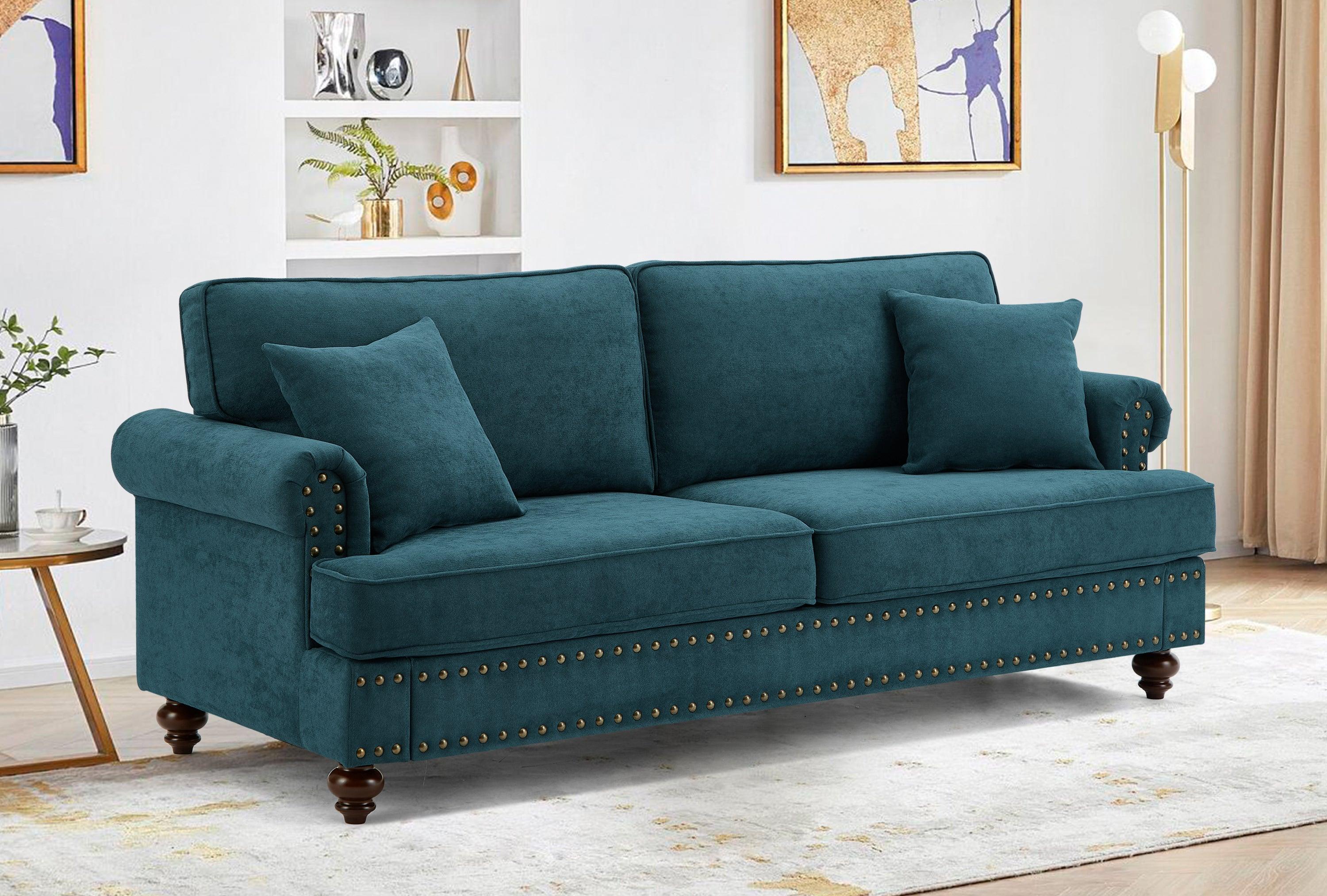 🆓🚛 Modern Sofa for Living Room, 82" Green Chenille Sofa Couch, Sectional Love Seat Couch With Brown Legs, Upholstered Sofa for Apartment Bedroom Home Office