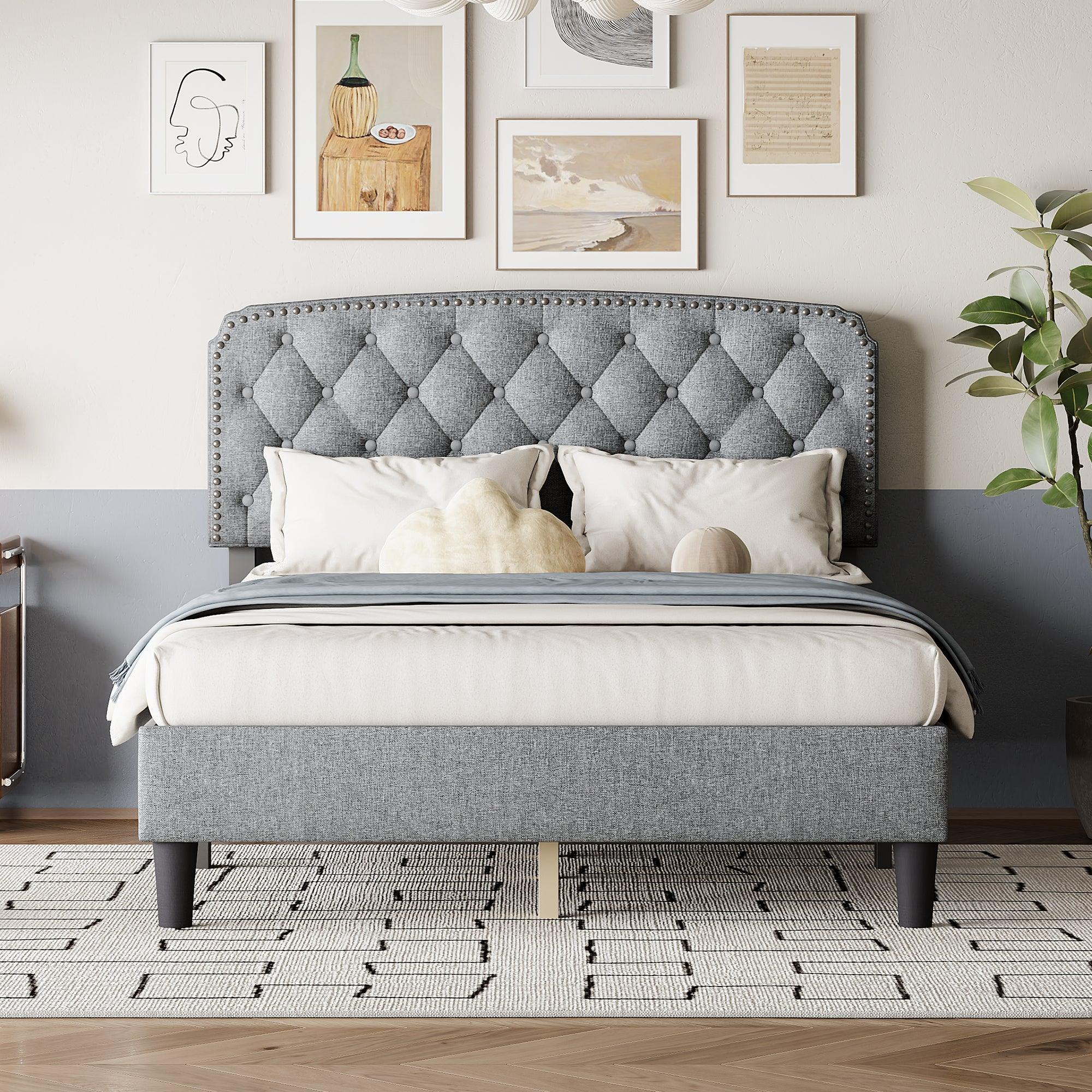 🆓🚛 Full Size Adjustable Headboard With Fine Linen Upholstery & Button Tufting for Bedroom, Wave Top Light Gray