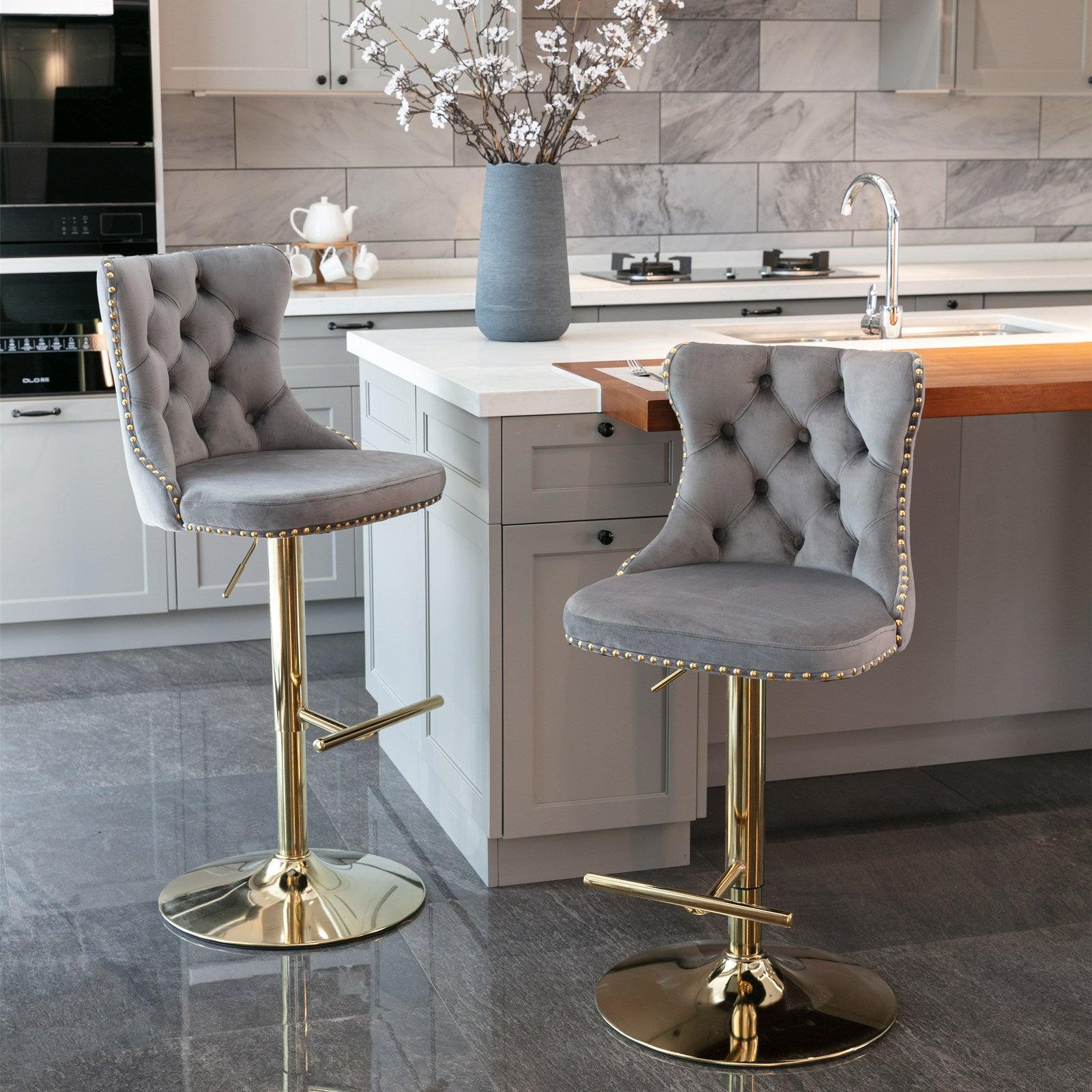🆓🚛 Golden Swivel Velvet Barstools Adjusatble Seat Height From 25-33 Inch, Modern Upholstered Bar Stools With Backs Comfortable Tufted for Home Pub & Kitchen Island, Gray, Set Of 2）
