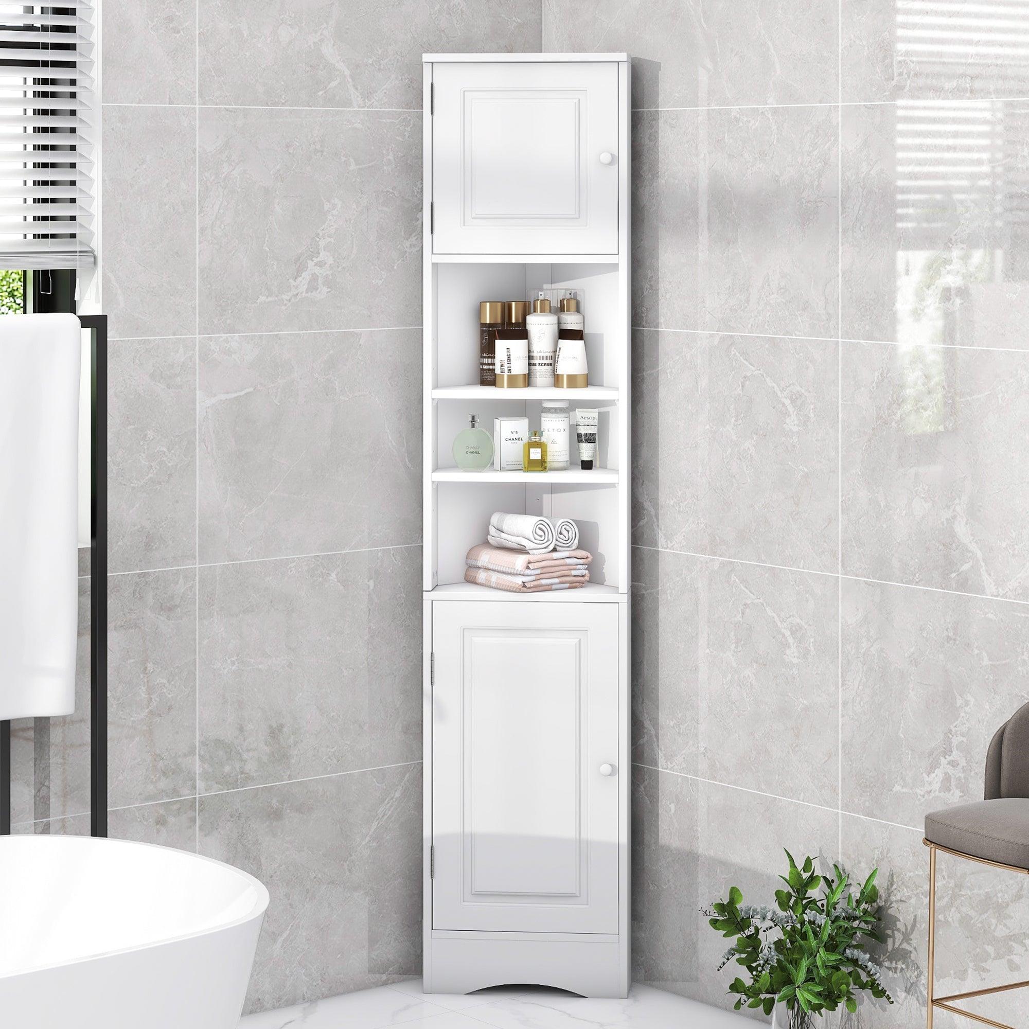 🆓🚛 Multi-Functional Corner Cabinet Tall Bathroom Storage Cabinet With Two Doors & Adjustable Shelves, Open Shelf, White