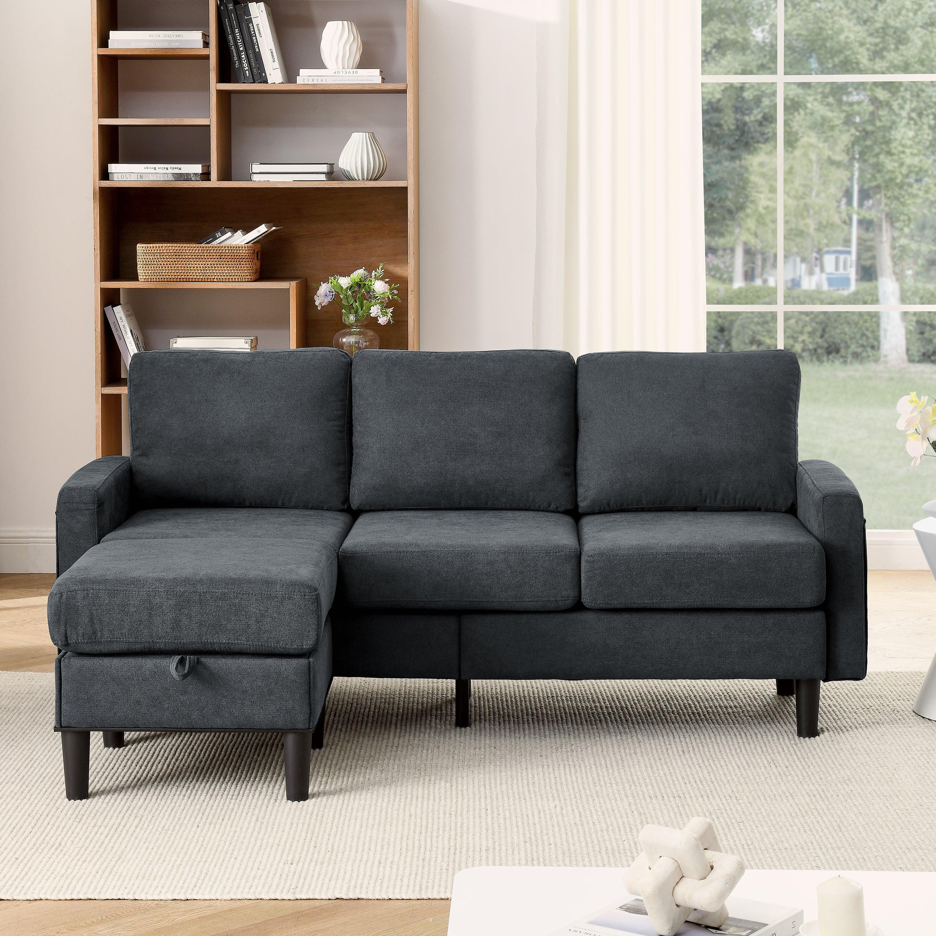🆓🚛 Upholstered Sectional Sofa Couch, L Shaped Couch With Storage Reversible Ottoman Bench 3 Seater for Living Room, Apartment, Compact Spaces, Fabric Dark Gray