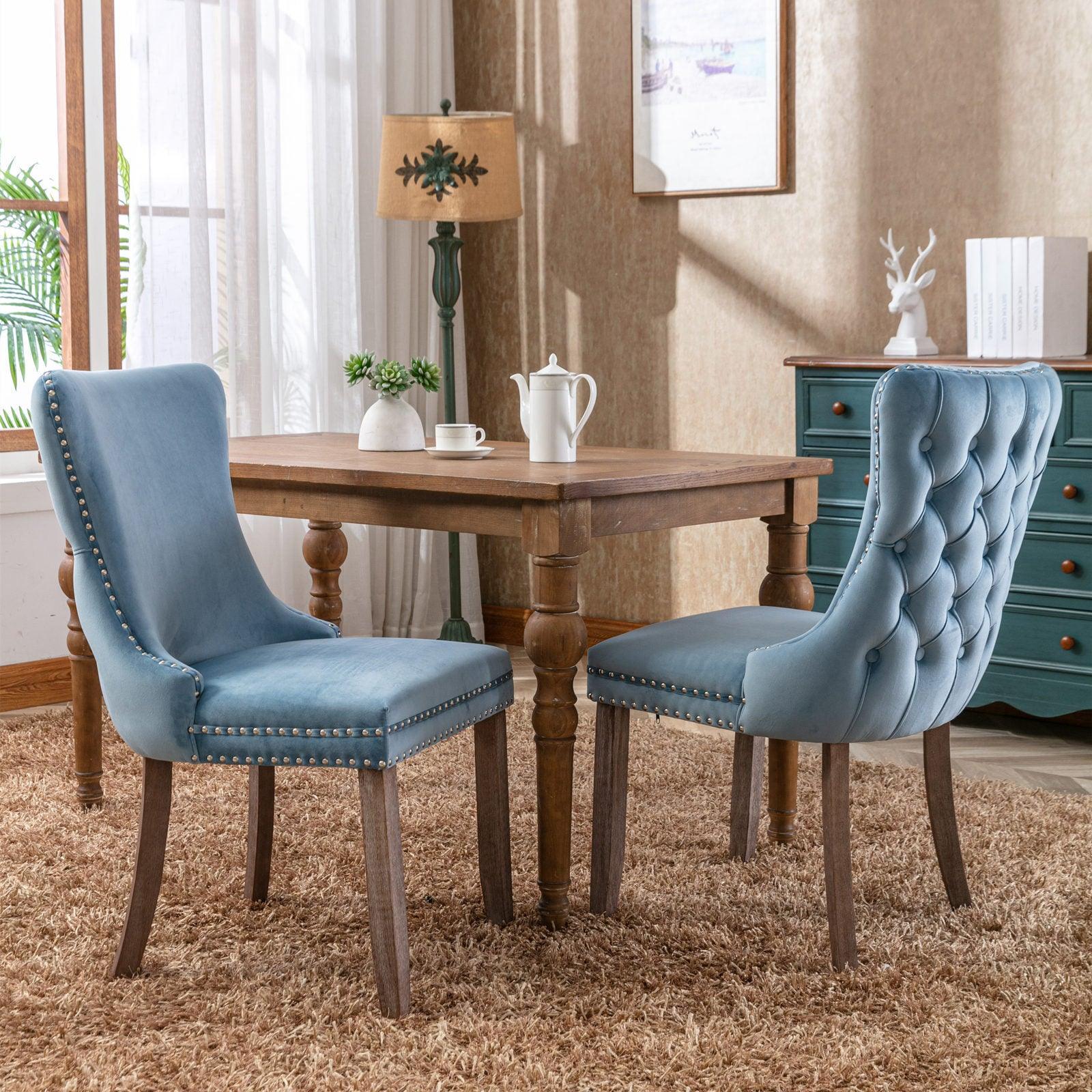 🆓🚛 Upholstered Wing-Back Dining Chair With Backstitching Nailhead Trim & Solid Wood Legs, Set Of 2, Light Blue