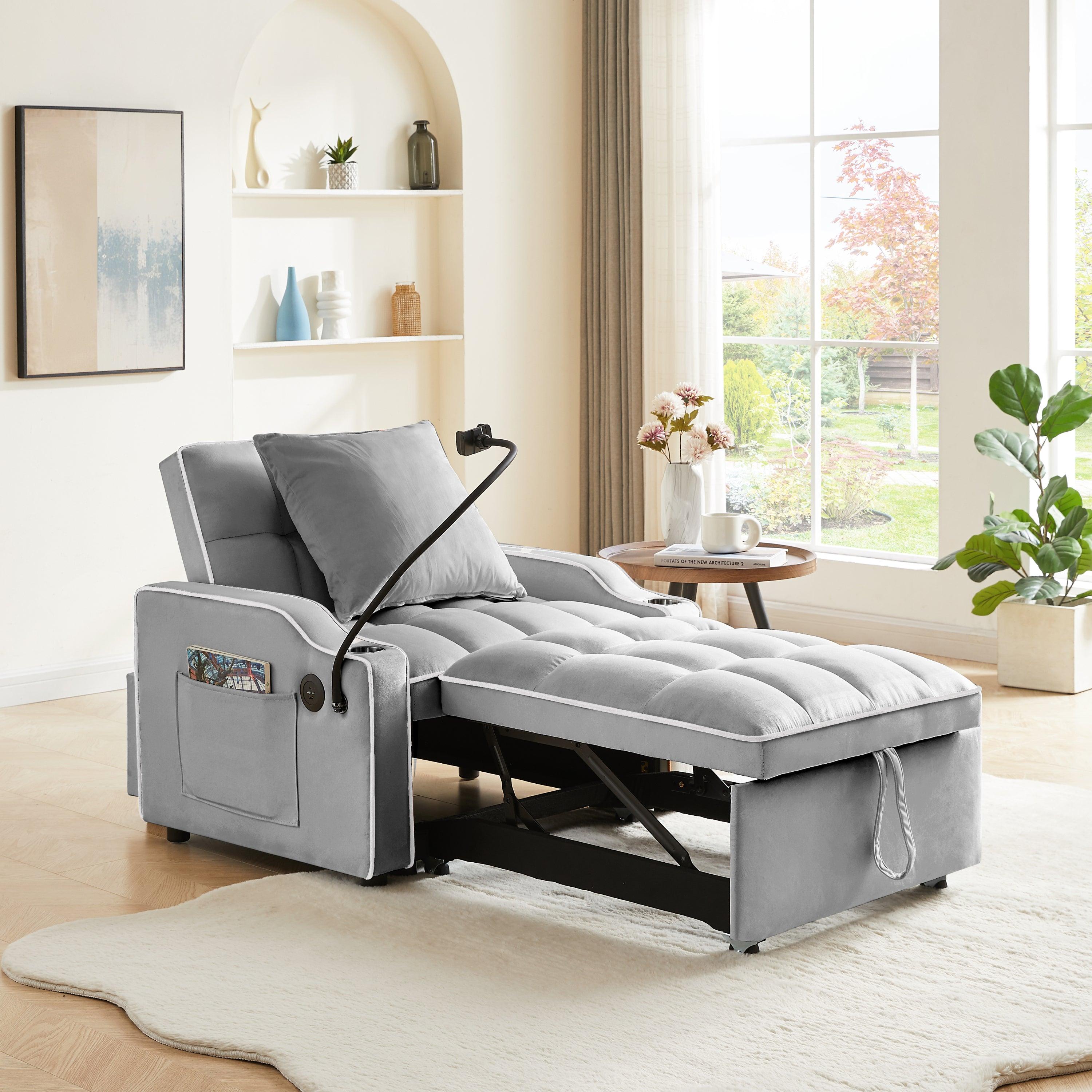 🆓🚛 3-in-1 Sofa Bed, Convertible Sleeper Chair Sofa Bed Adjustable Pull Out Sleeper Chair Bed Multi-Pockets Folding Sofa Bed for Living Room Bedroom Small Space (Gray)
