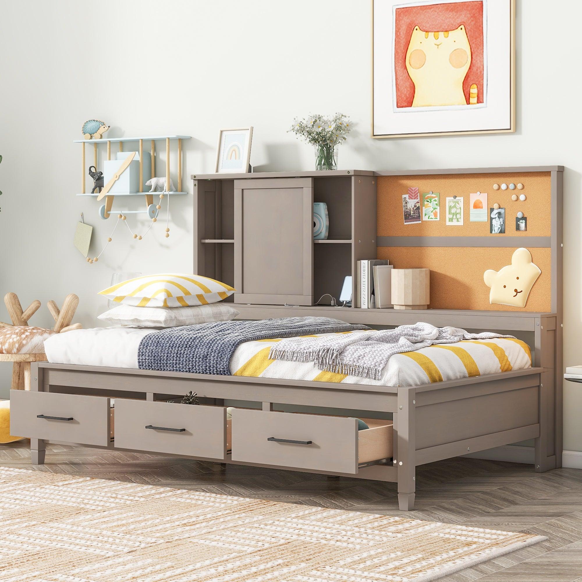 🆓🚛 Twin Size Lounge Daybed With Storage Shelves, Cork Board, Usb Ports & 3 Drawers, Antique Gray