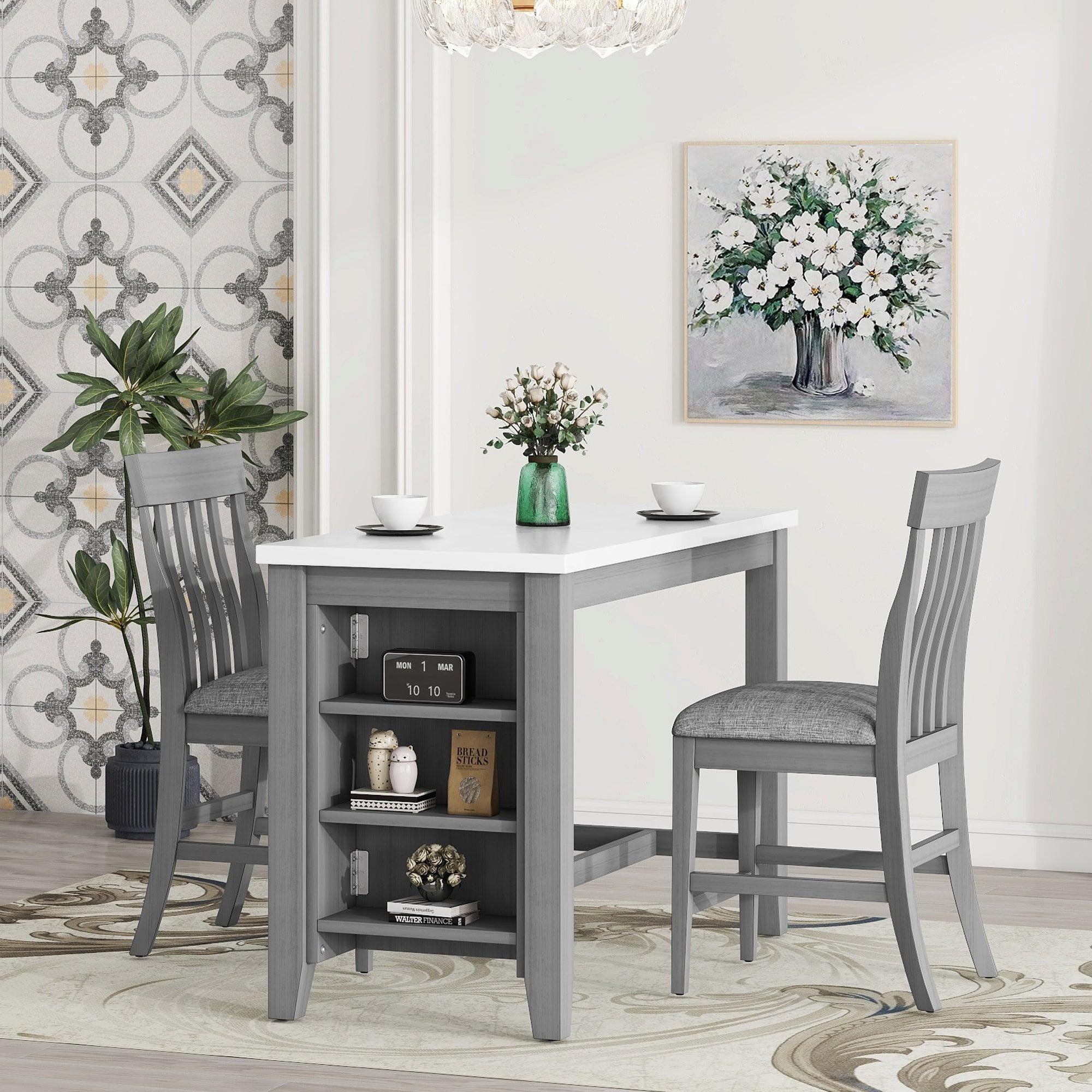 🆓🚛 3-Piece Counter Height Dining Table Set With Built-in Storage Shelves, One Faux Marble Top Dining Table & 2 Counter Chairs With Footrest, Gray