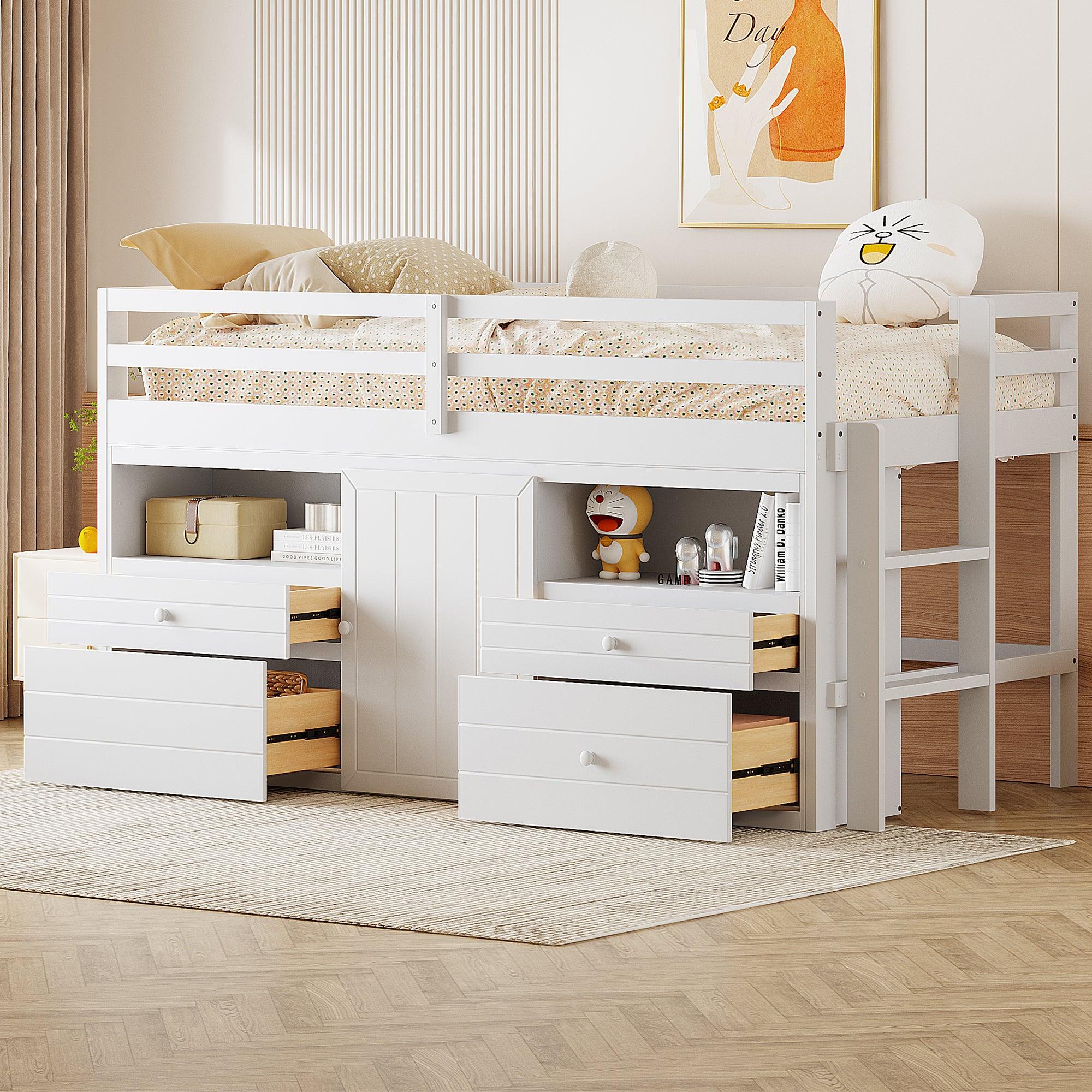 🆓🚛 Twin Size Loft Bed With 4 Drawers, Underneath Cabinet & Shelves, White