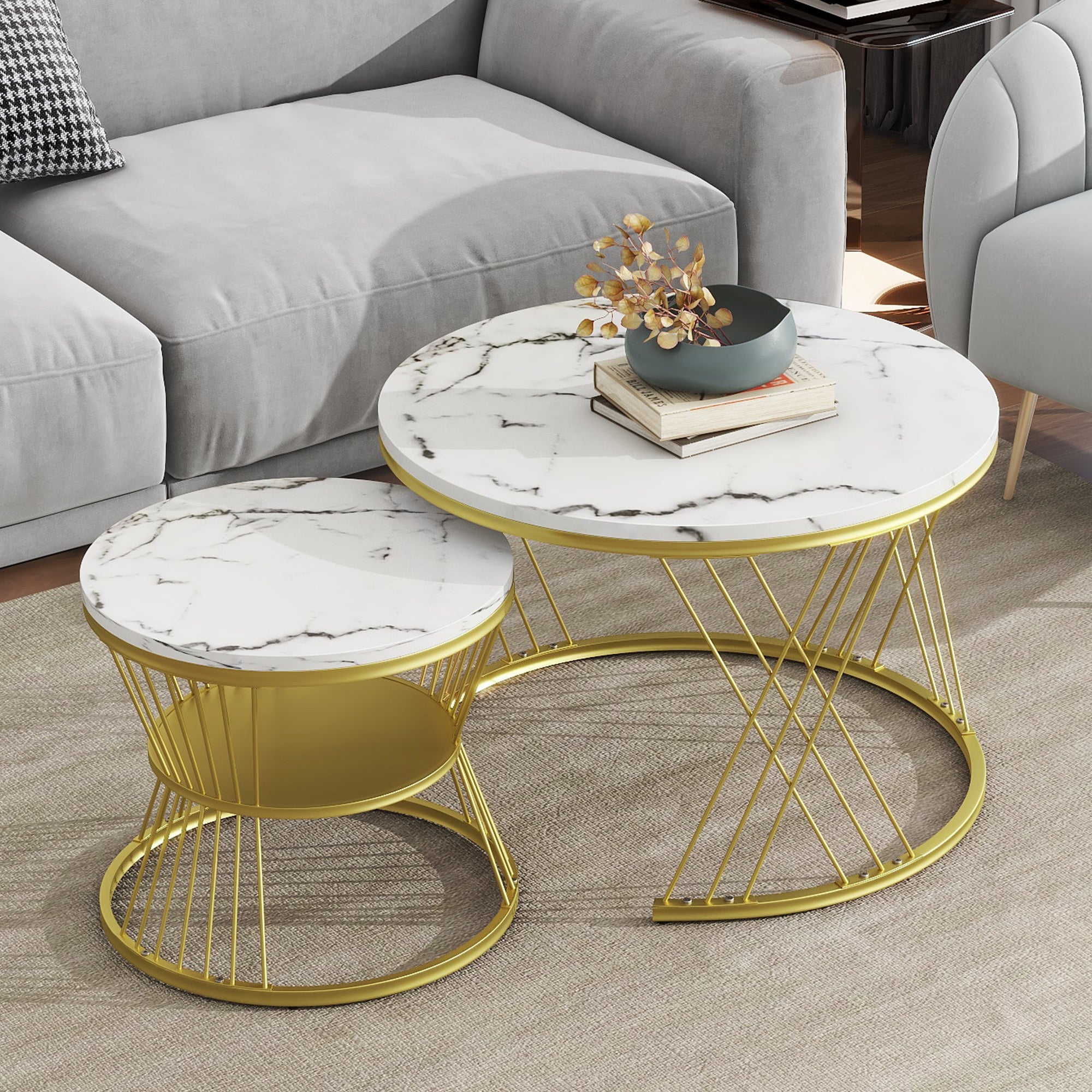 🆓🚛 27.5'' & 17.7'' Nesting Coffee Table With Faux Marble Grain Table Top, Golden Iron Frame Round Coffee Table, Set of 2, for Living Room, Balcony, White