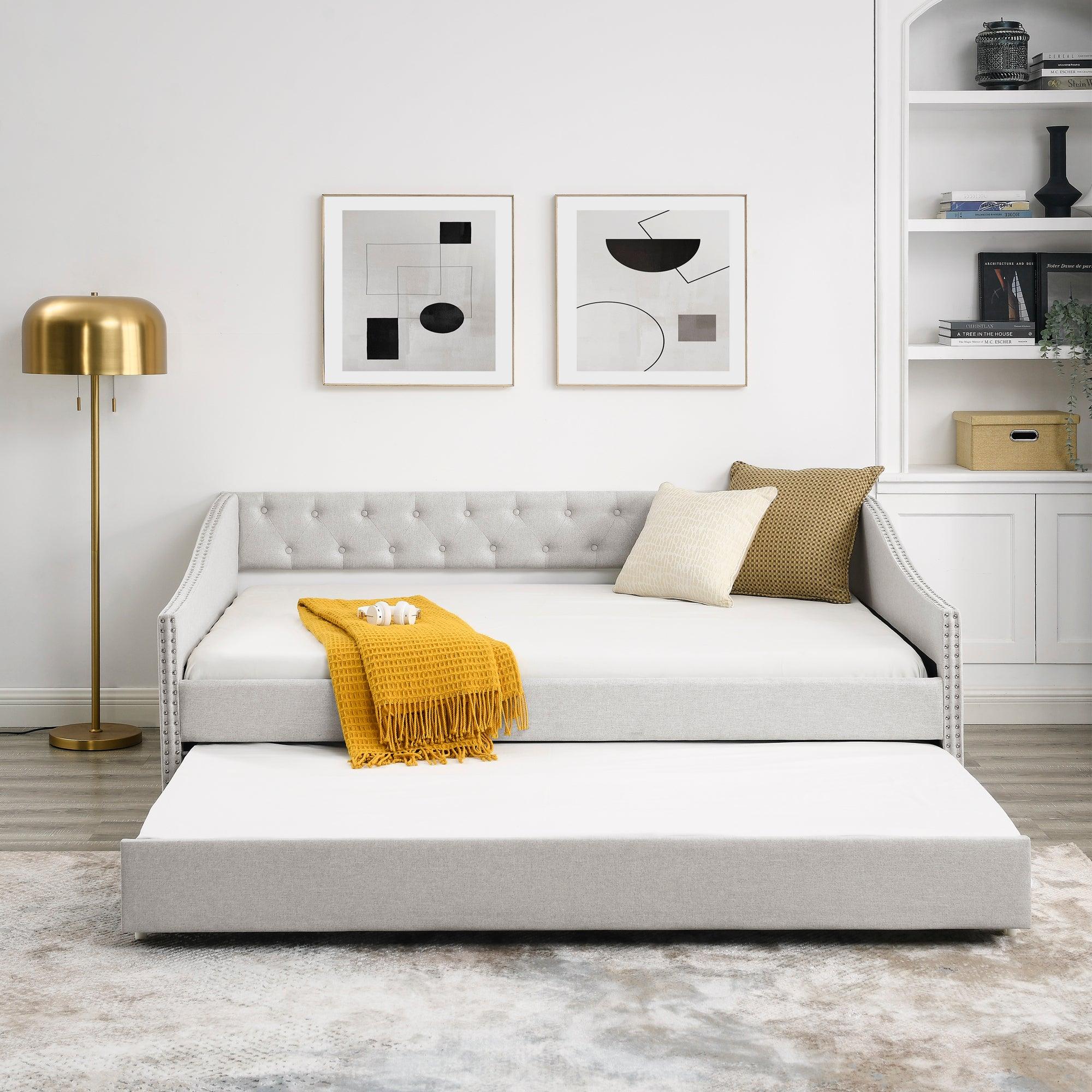 Full Size Daybed With Twin Size Trundle Upholstered Tufted Sofa Bed, With Button On Back And Copper Nail On Waved Shape Arms, Beige (80.5" X55.5" X27.5" )