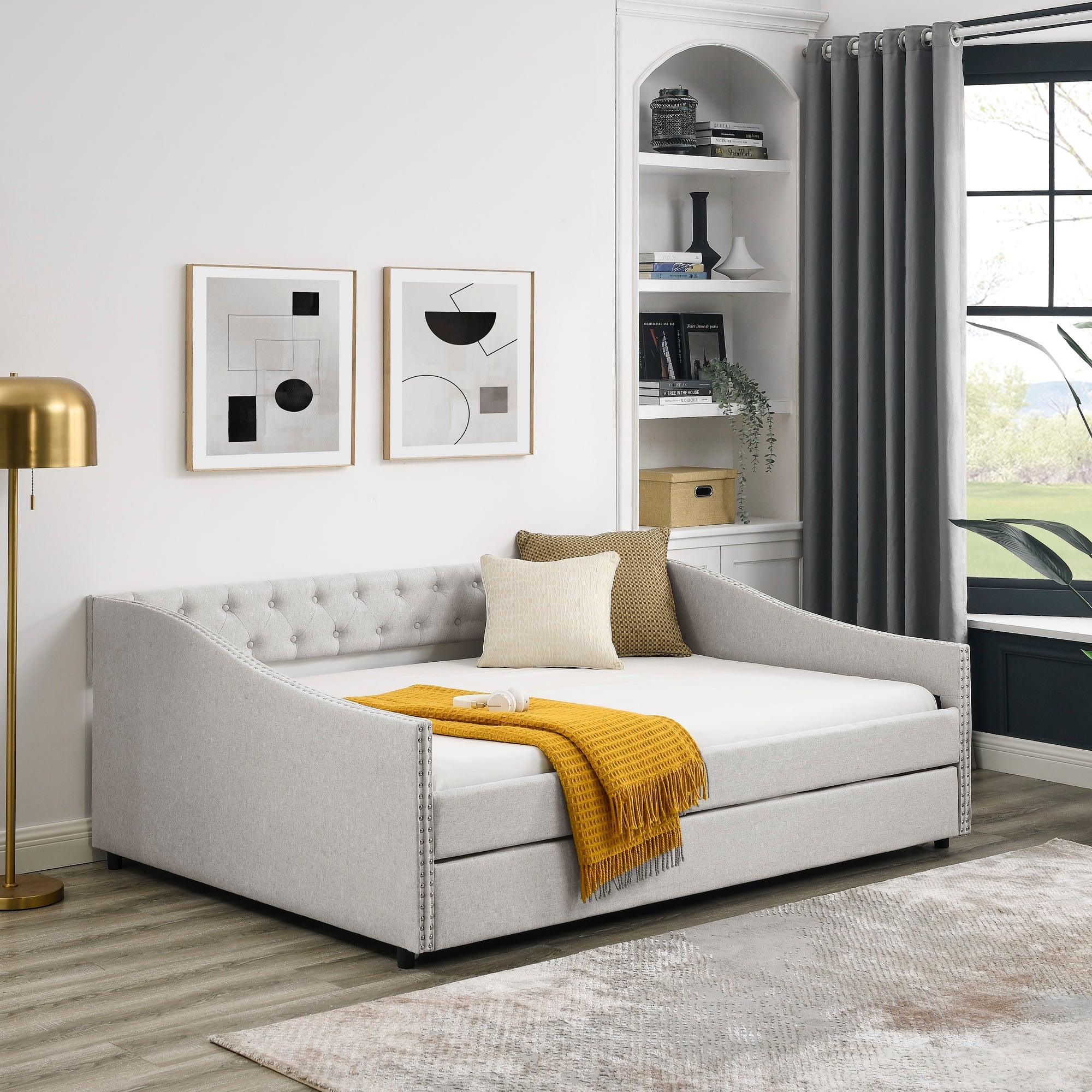 Full Size Daybed With Twin Size Trundle Upholstered Tufted Sofa Bed, With Button On Back And Copper Nail On Waved Shape Arms, Beige (80.5" X55.5" X27.5" )
