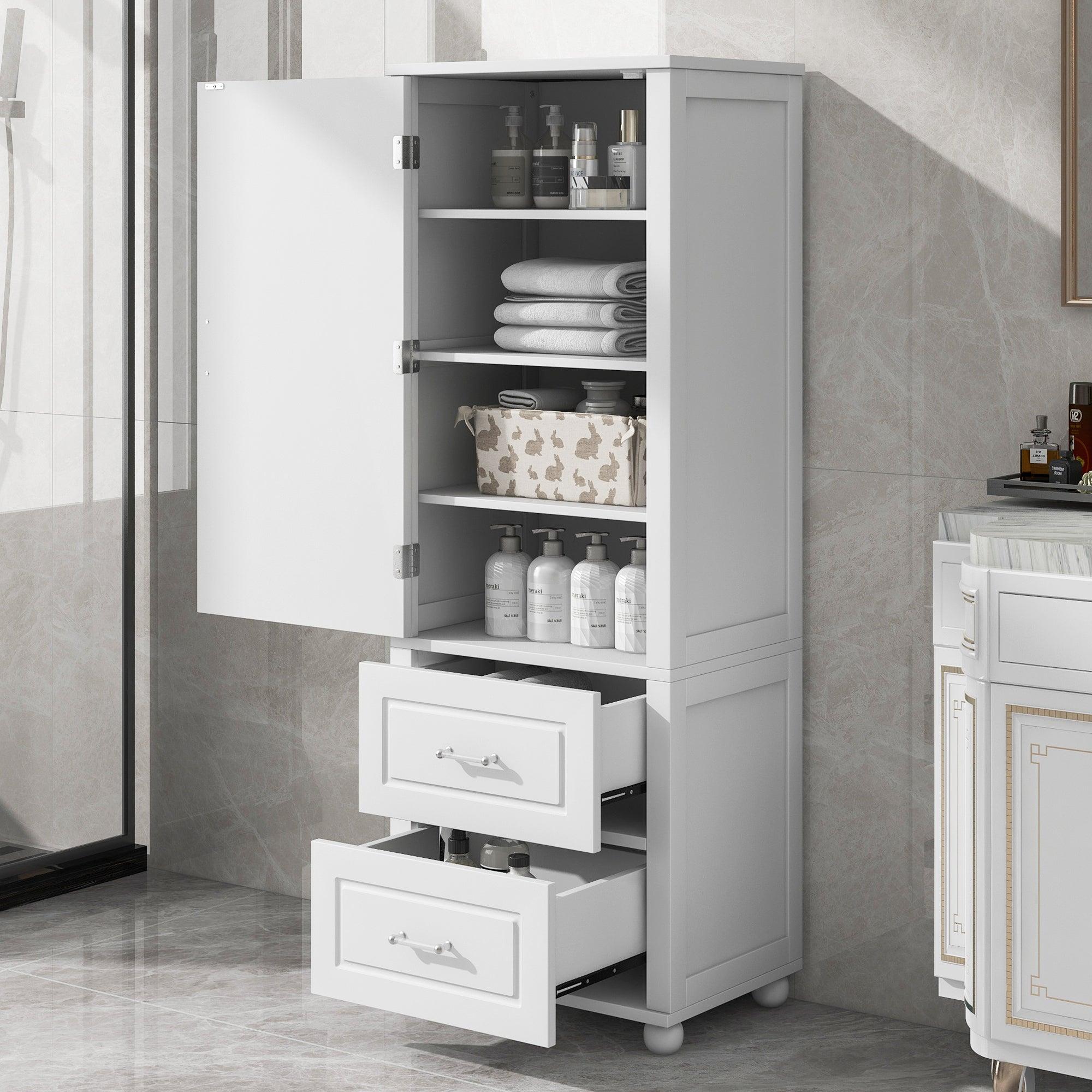 🆓🚛 Tall Bathroom Storage Cabinet, Freestanding Storage Cabinet With Two Drawers & Adjustable Shelf, Mdf Board With Painted Finish, White