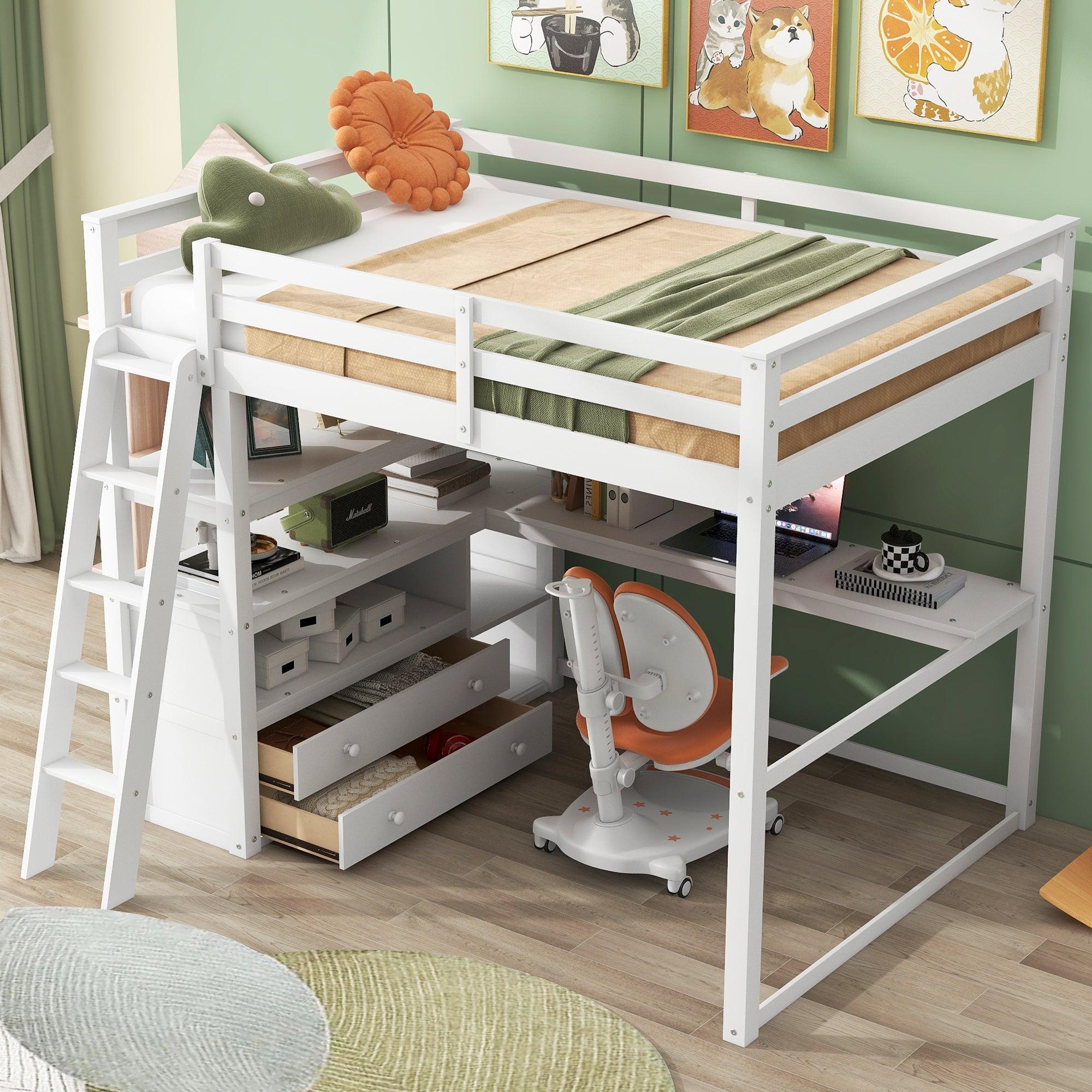 🆓🚛 Full Size Loft Bed With Desk and Shelves, Two Built-in Drawers, White