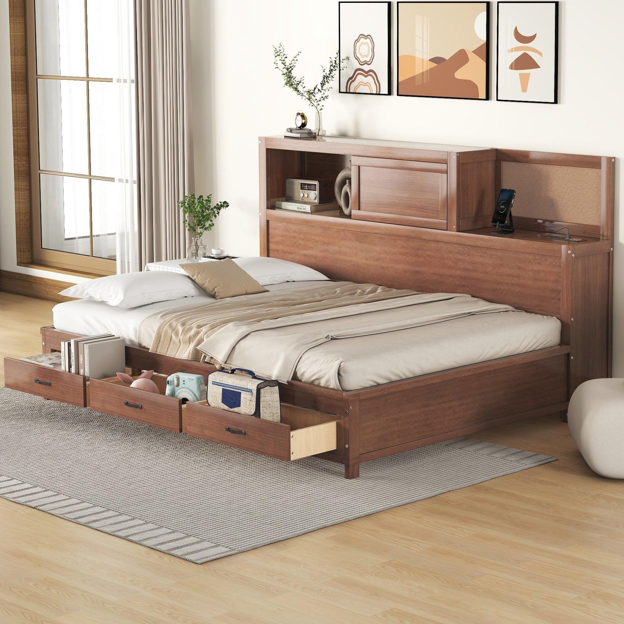 🆓🚛 Full Size Wooden Daybed With 3 Storage Drawers, Upper Soft Board, Shelf, Set Of Sockets & Usb Ports, Brown