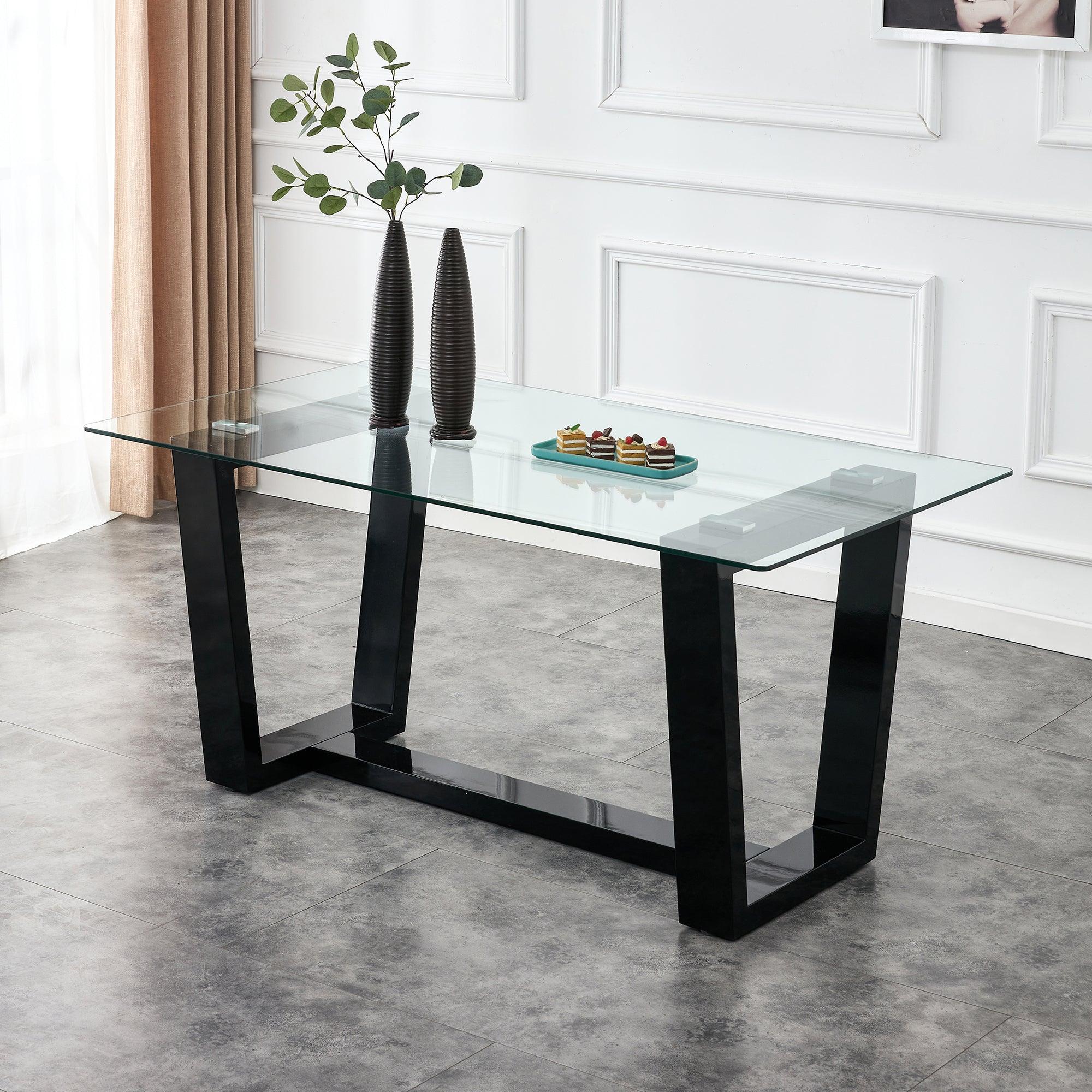 Glass Dining Table Large Modern Minimalist Rectangular  for 6-8 with 0.4" Tempered Glass Tabletop and Black MDFTrapezoid Bracket, For Kitchen Dining Living Meeting Room Banquet Hall