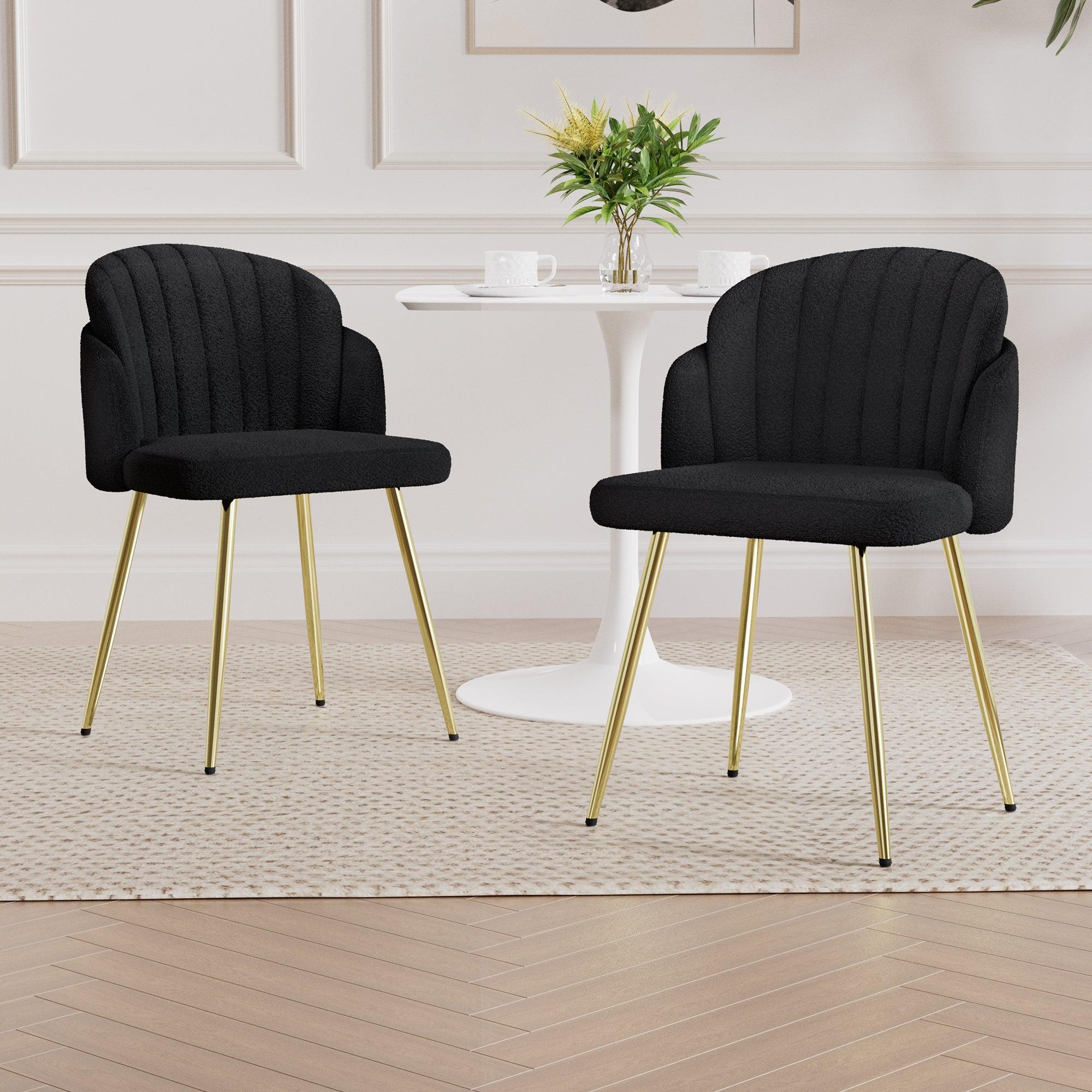 🆓🚛 Modern Teddy Fleece Fabric Dining Chairs, Gold Metal Legs, Set Of 2, Black