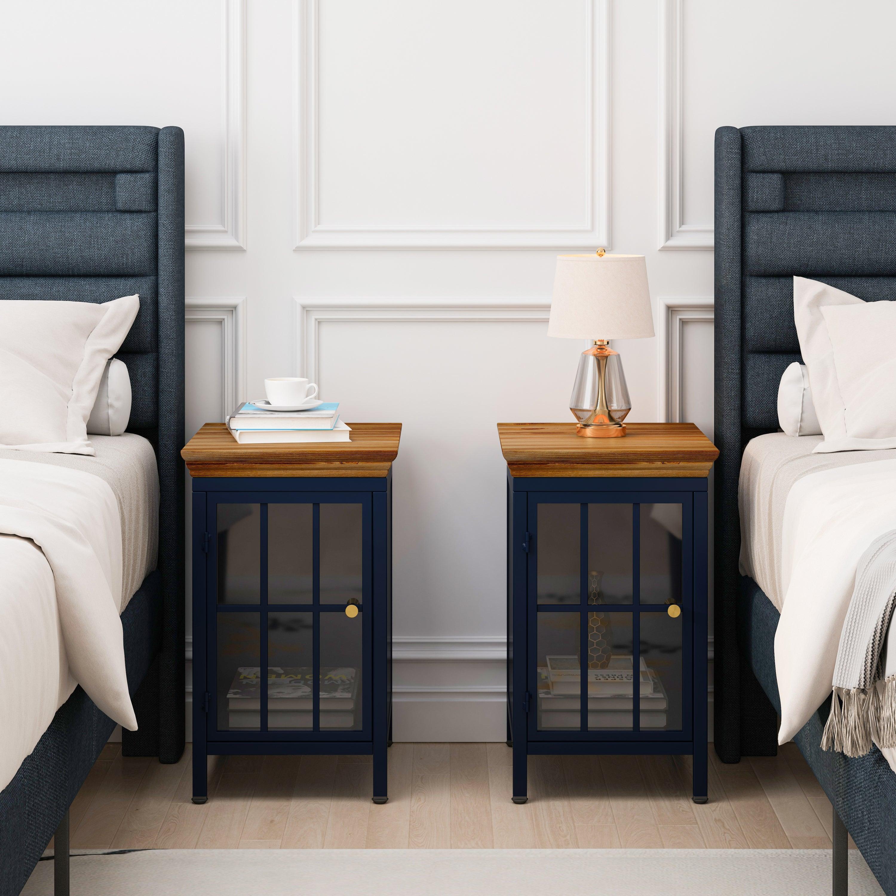 🆓🚛 Nightstands (Set Of 2) With Storage Cabinet & Solid Wood Tabletop, Bedside Table, Dark Blue
