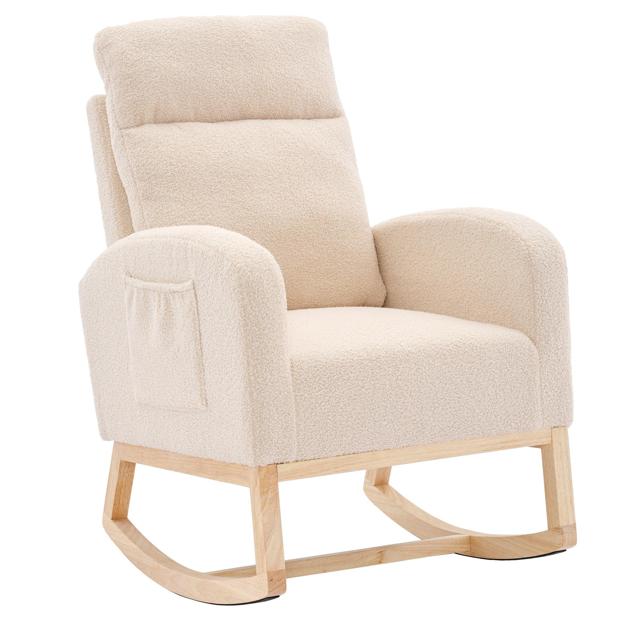 🆓🚛 Modern Accent Rocking Chair With Solid Wood Legs, Upholstered Nursery Glider Rocker, Beige