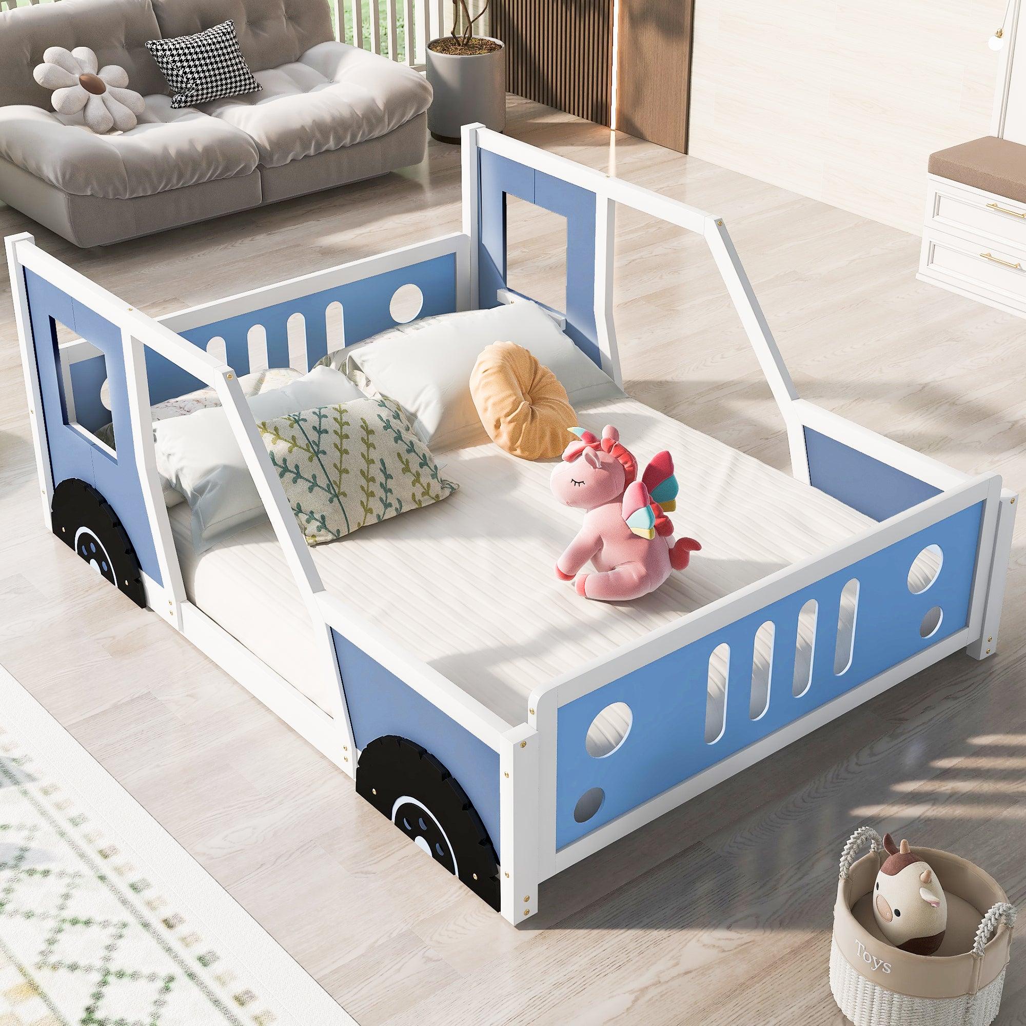 🆓🚛 Full Size Classic Car-Shaped Platform Bed With Wheels, Blue