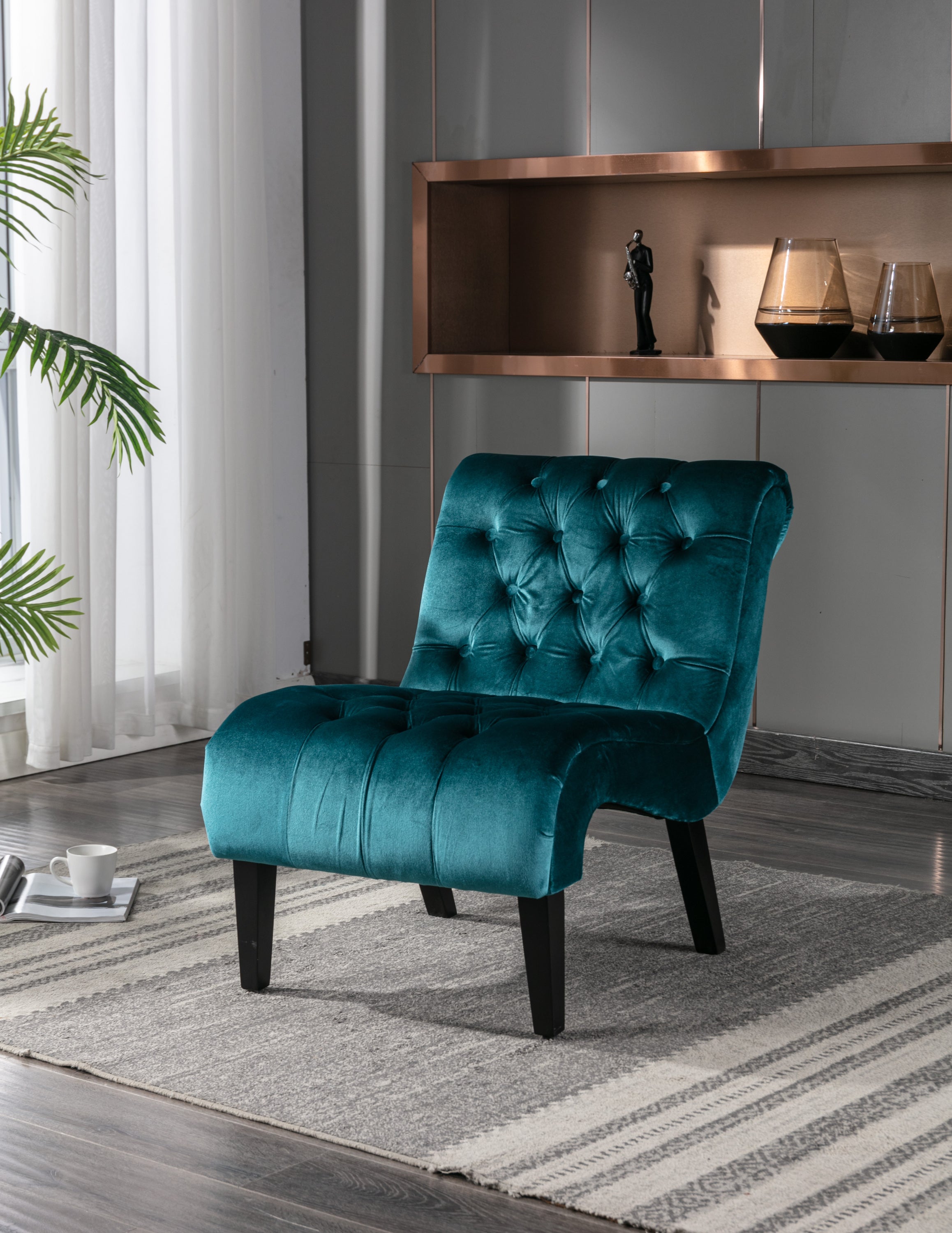 🆓🚛 Armless Living Room Chair with Curved Backrest, Teal