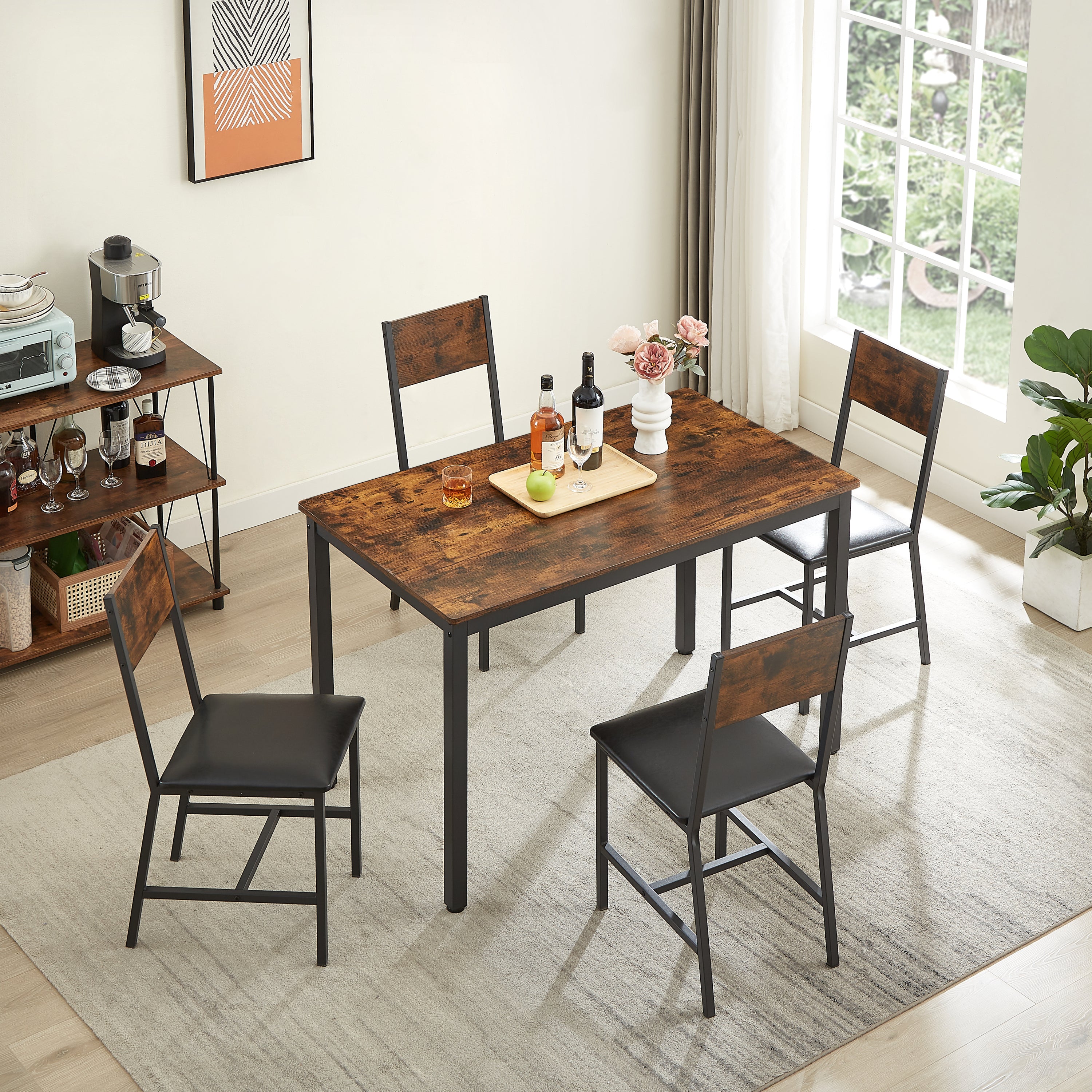 🆓🚛 Dining Set for 4, Kitchen Table With 4 Upholstered Chairs, Rustic Brown, 47.2'' L X 27.6'' W X 29.7'' H.