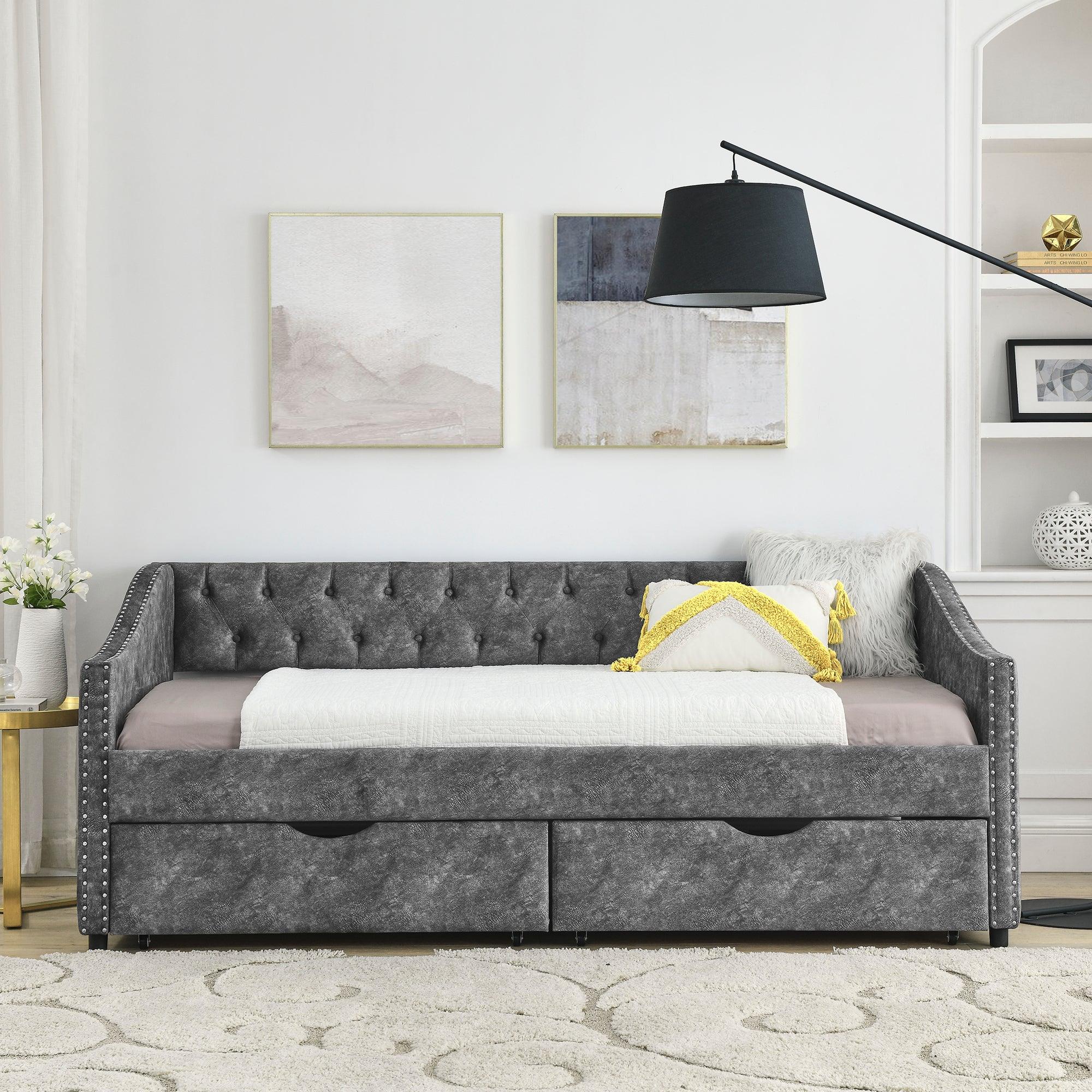 🆓🚛 Twin Size Daybed With Drawers Upholstered Tufted Sofa Bed, With Button On Back & Copper Nail On Waved Shape Arms, Gray (81.5“X41”X30.5“)