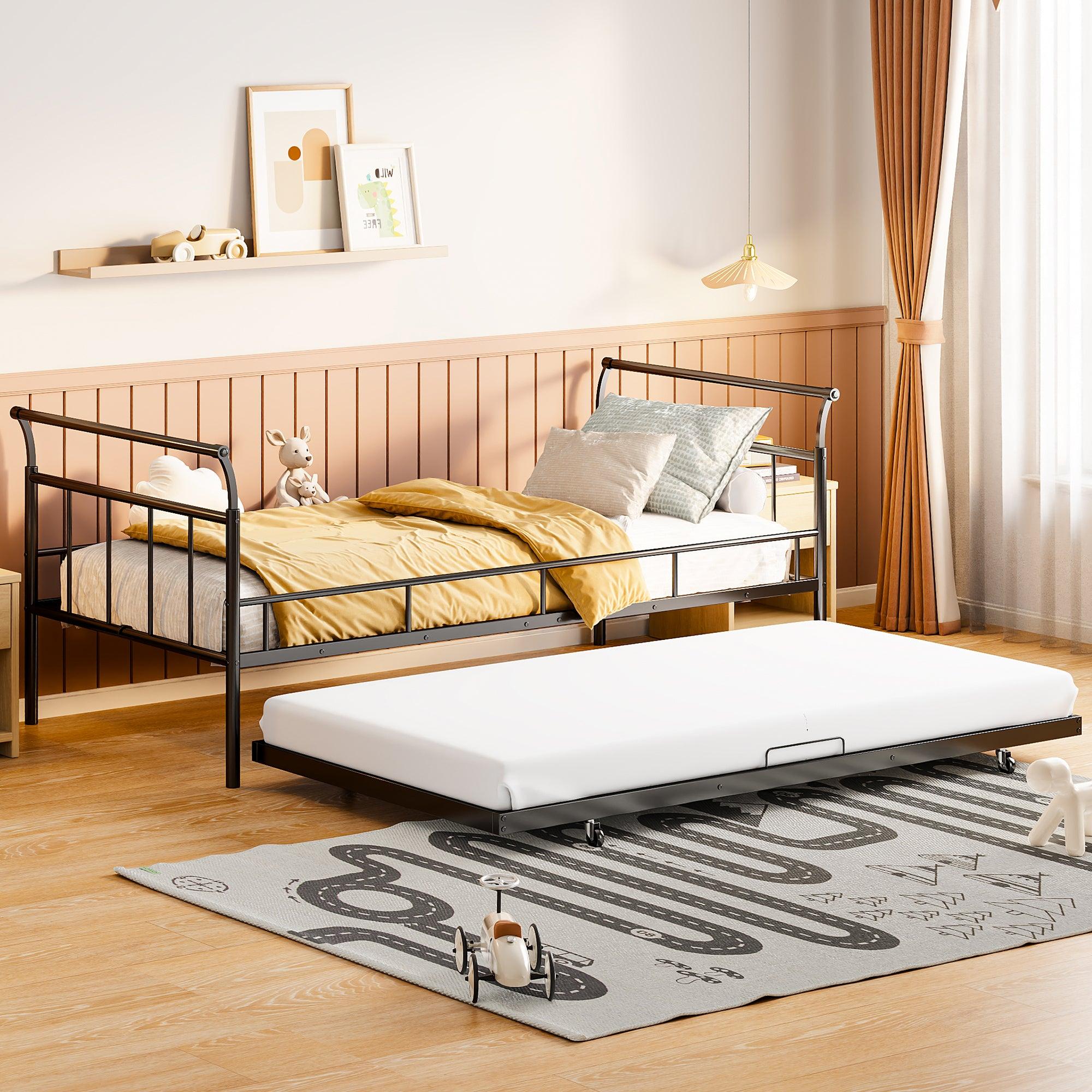 🆓🚛 Twin Size Metal Daybed With Curved Handle Design & Twin Size Trundle, Black