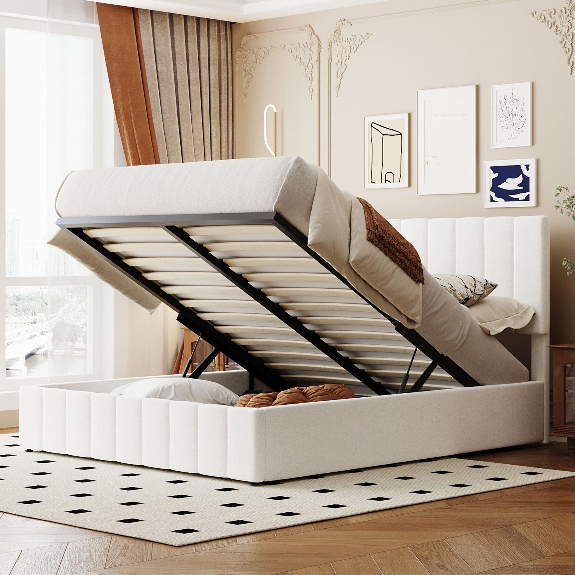 🆓🚛 Queen Size Upholstered Platform Bed With a Hydraulic Storage System - White