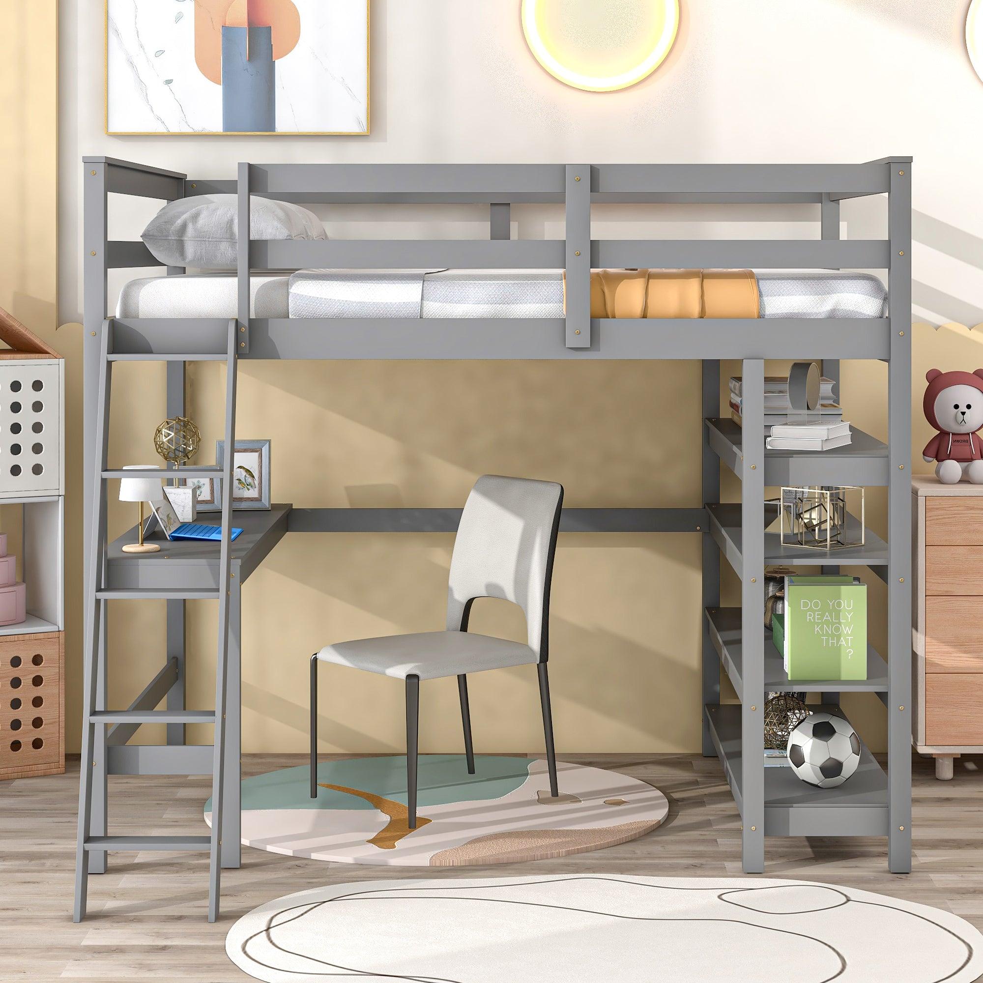 🆓🚛 Loft Bed Full With Desk, Ladder & Shelves, Gray