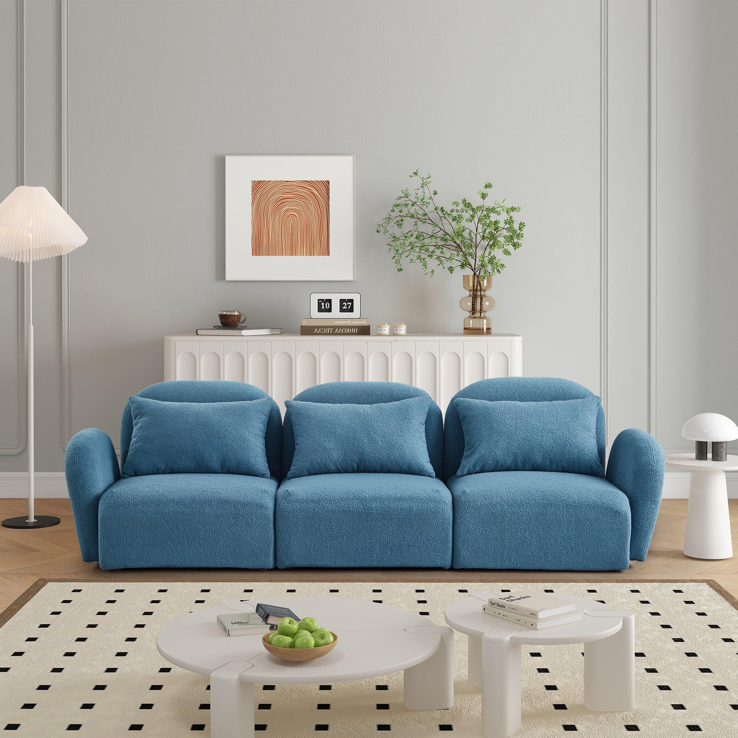 🆓🚛 Living Room Furniture Three Seat Lazy Sofa Teddy Fabric, Blue