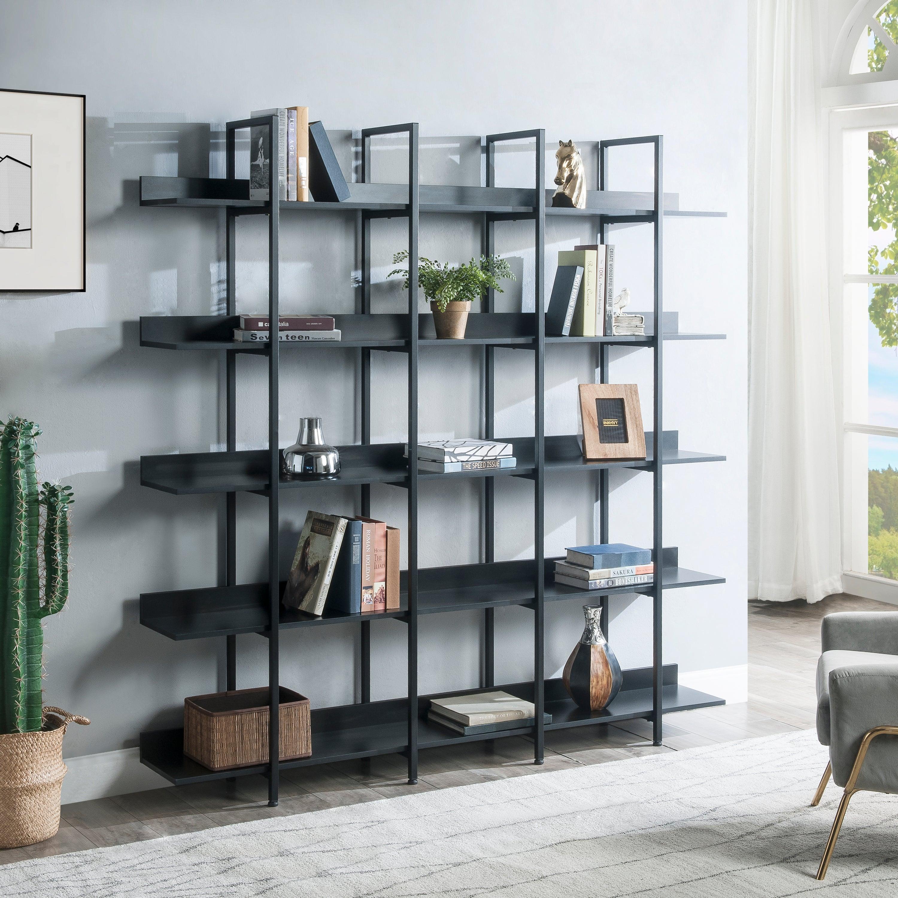 🆓🚛 5 Tier Bookcase Home Office Open Bookshelf, Vintage Industrial Style Shelf With Metal Frame, Black