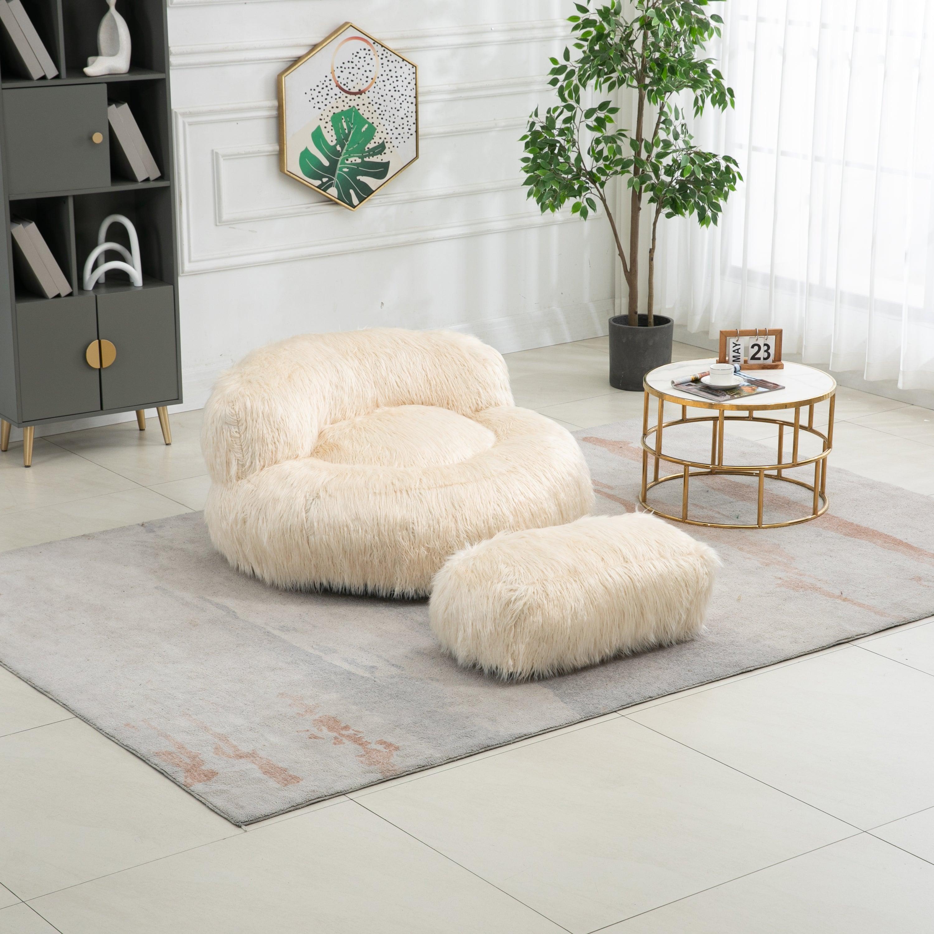 Gramanda 2-In-1 Bean Bag Chair Faux Fur Lazy Sofa & Ottoman Footstool For Adults And Kids - Beige