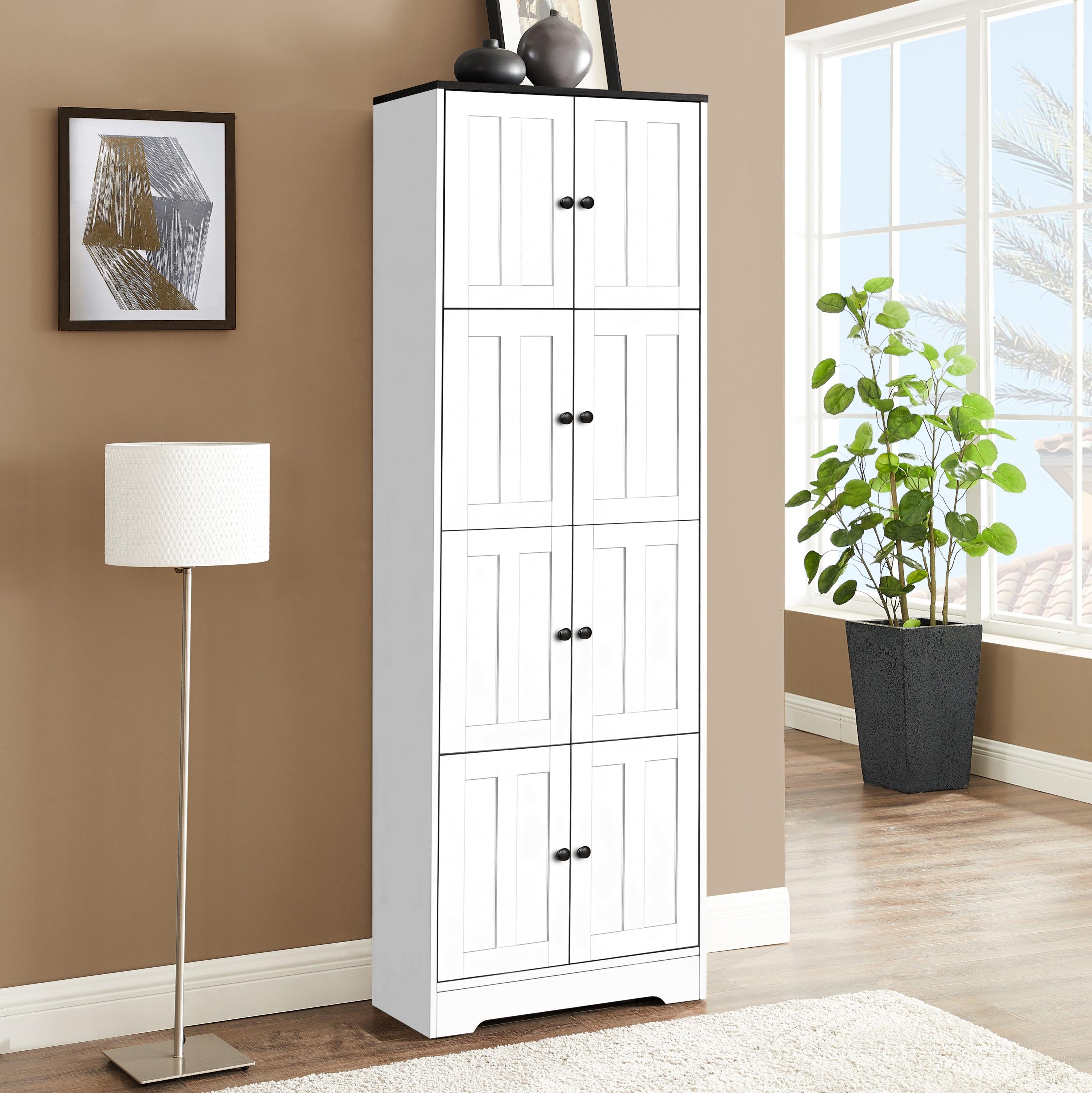 🆓🚛 Tall Storage Cabinet With 8 Doors & 4 Shelves, Wall Storage Cabinet for Living Room, Kitchen, Office, Bedroom, Bathroom, White