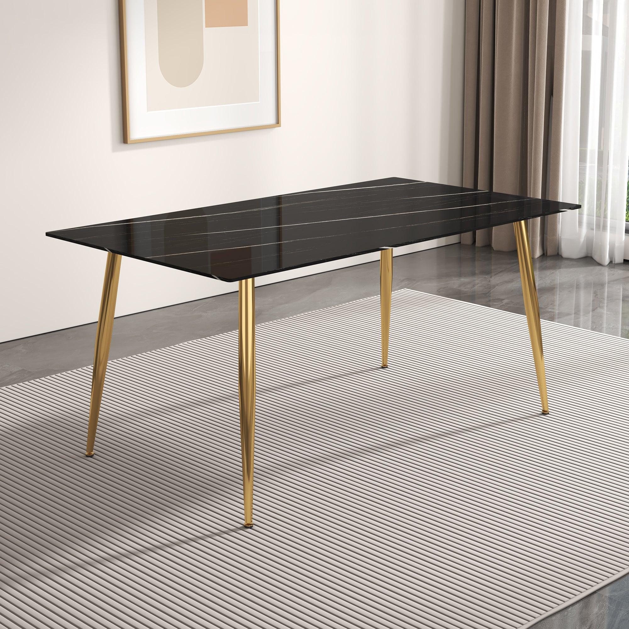 🆓🚛 Modern Minimalist Rectangular Black Imitation Marble Dining Table, 0.4 Inches Thick, Gold Color Metal Legs, Suitable for Kitchen, Dining Room, & Living Room 63"X 35.4" X 30"