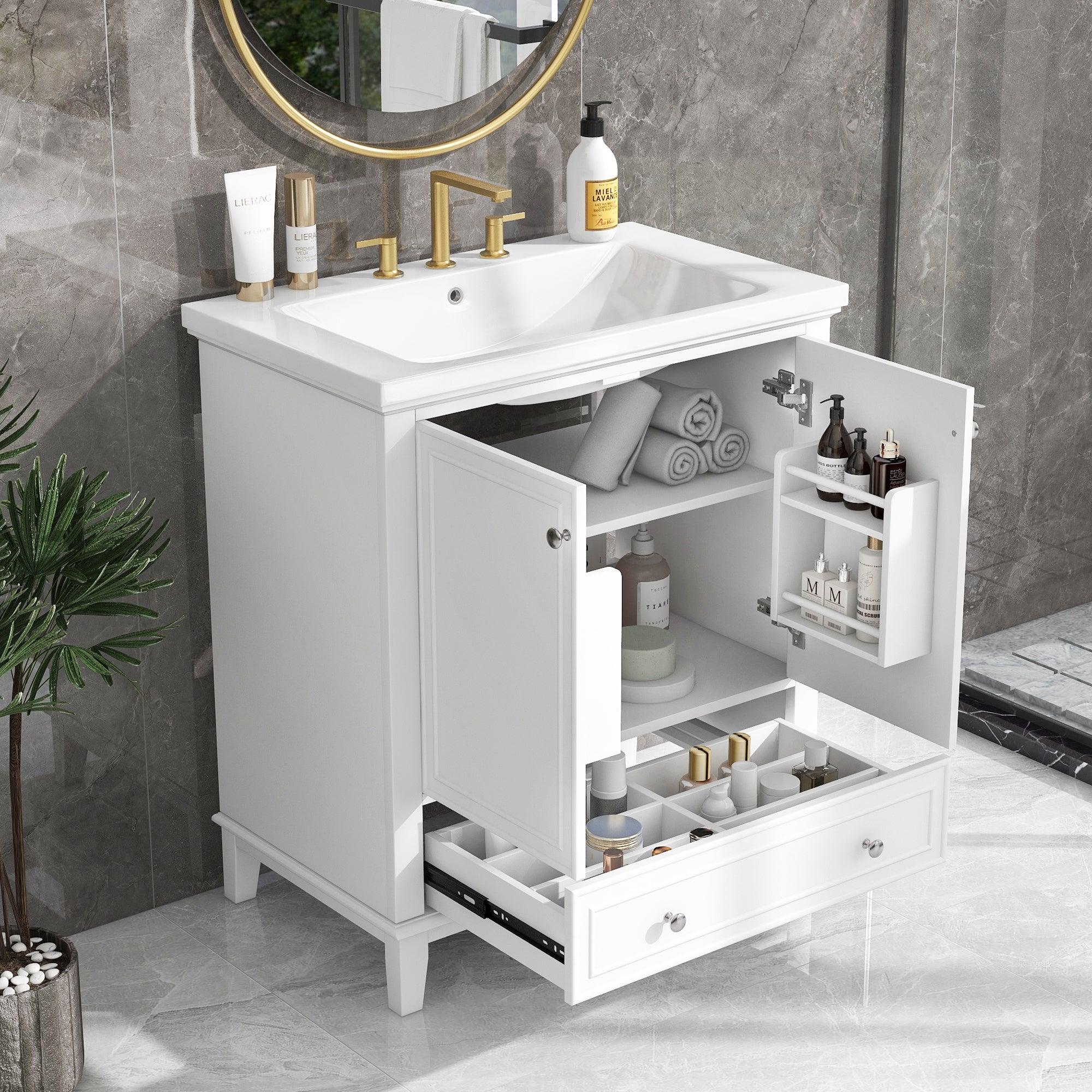 🆓🚛 30" Bathroom Vanity With Sink Combo, Multi-Functional Bathroom Cabinet With Doors & Drawer, Solid Frame & Mdf Board, White