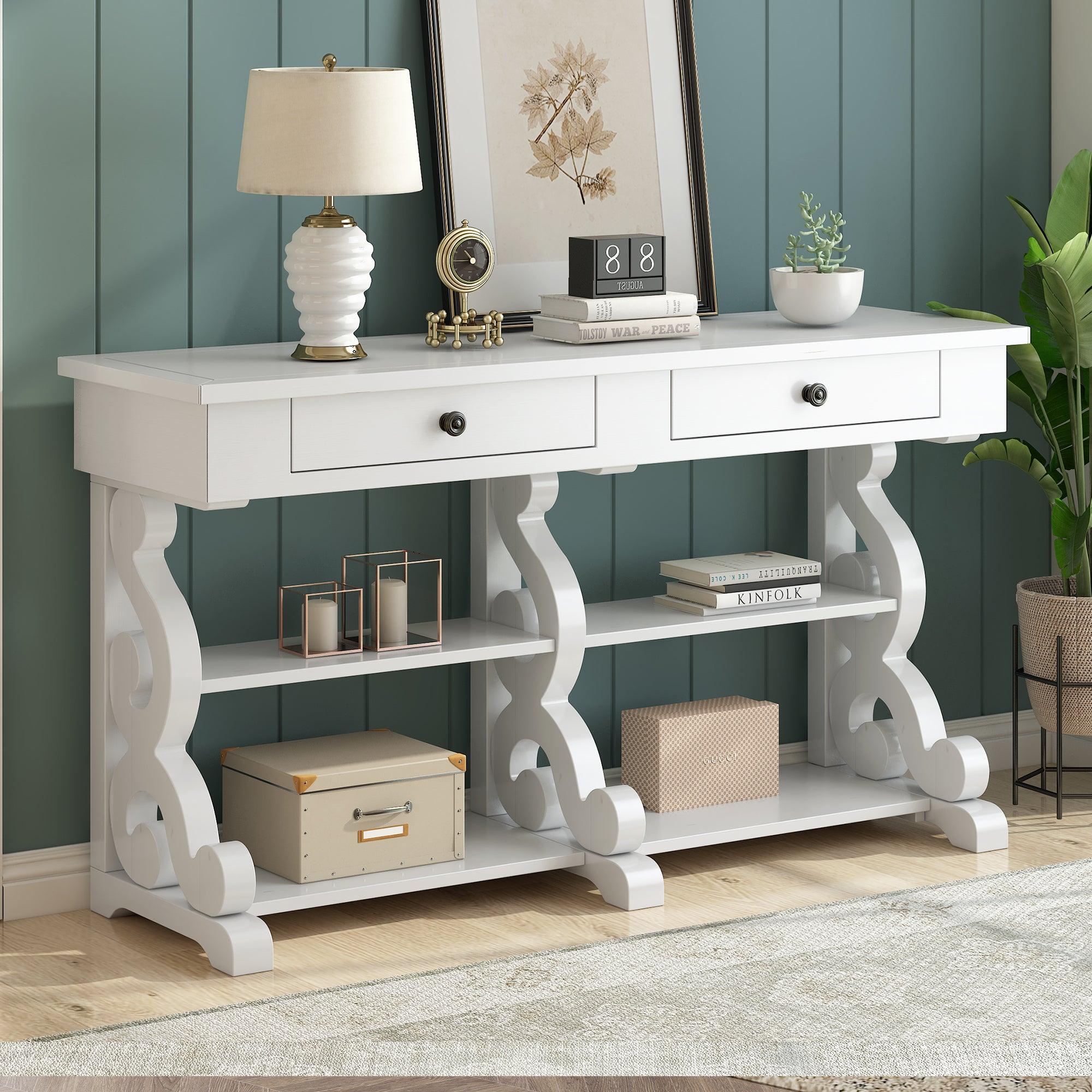 🆓🚛 Retro Console Table/Sideboard With Ample Storage, Open Shelves & Drawers for Entrance, Dinning Room, Living Room (Antique White)