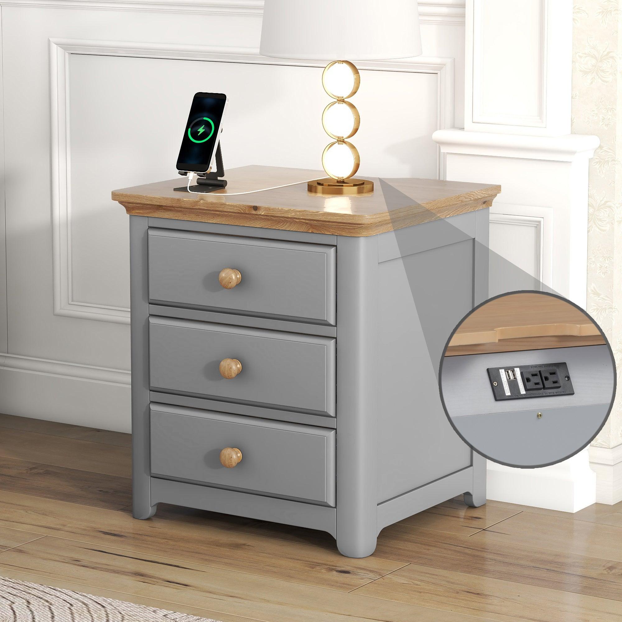 🆓🚛 Wooden Nightstand With Usb Charging Ports & Three Drawers, End Table for Bedroom, Gray+Natrual