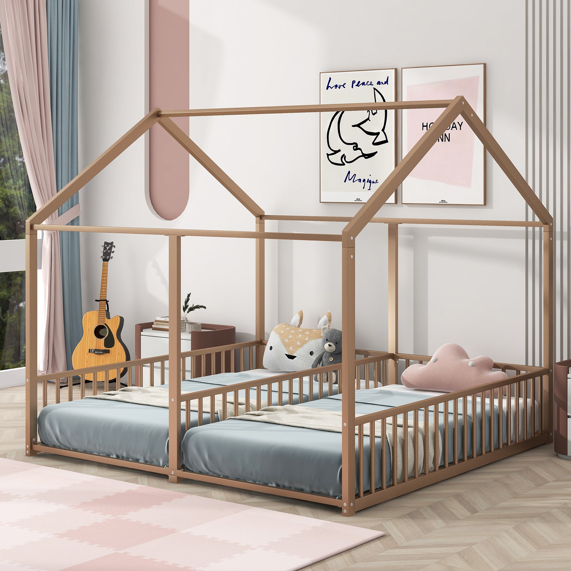🆓🚛 Metal Twin Size House Platform Beds, Two Shared Beds, Gold