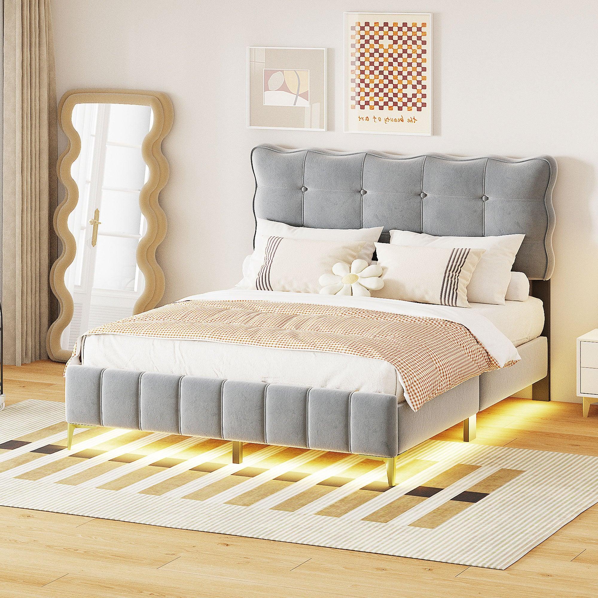 🆓🚛 Queen Size Velvet Platform Bed With Led Frame and Stylish Mental Bed Legs, Gray