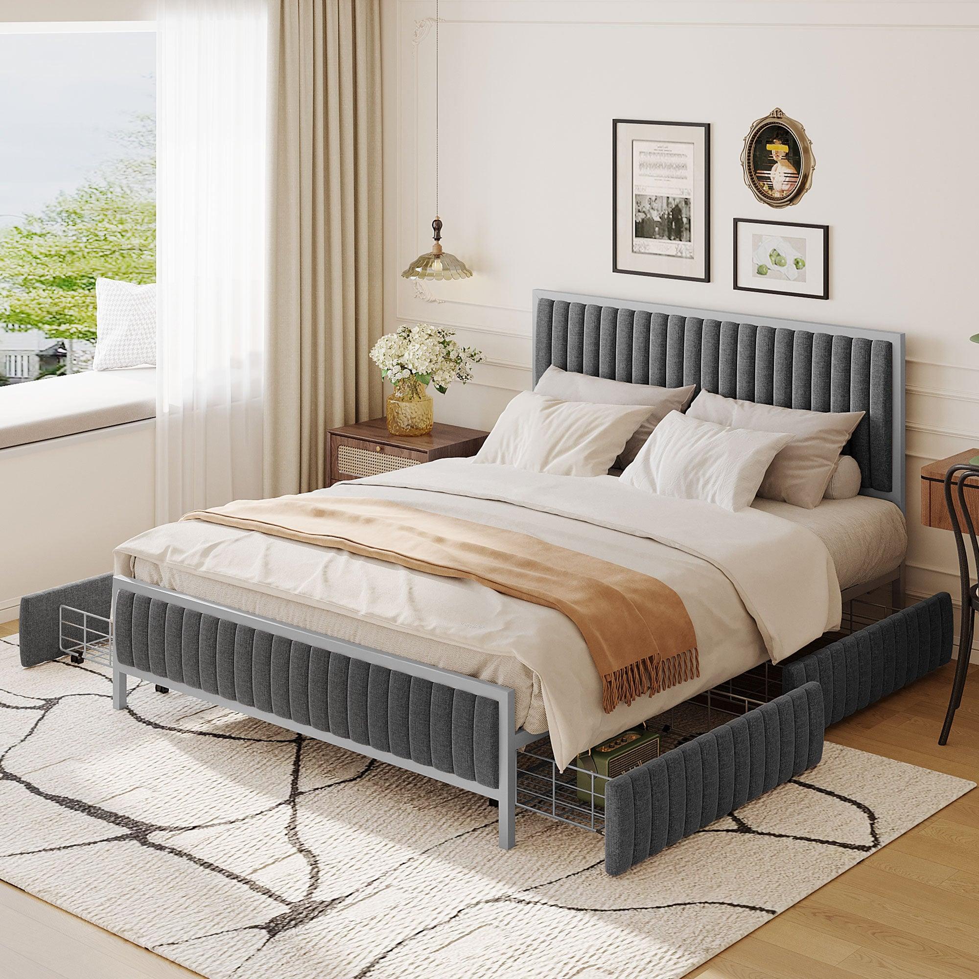 🆓🚛 Queen Size Metal Frame Upholstered Bed With 4 Drawers, Linen Fabric, Gray