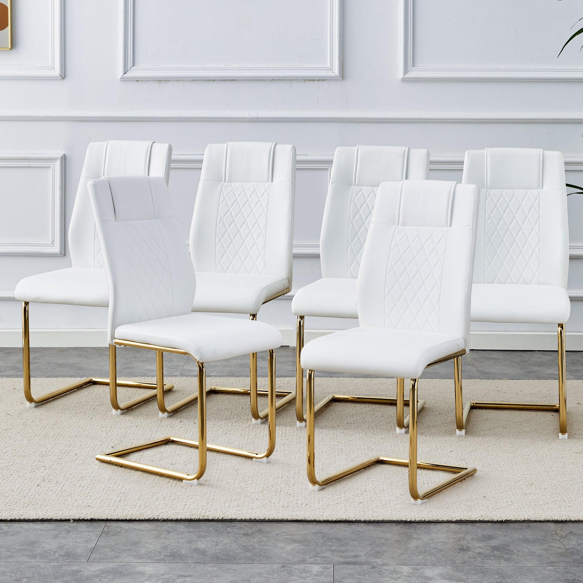 🆓🚛 Modern Dining Chairs, Dining Room Chairs, & Golden Leg Cushioned Chairs Made Of Artificial Leather, Suitable for Kitchens, Living Rooms, Bedrooms, & Offices Set Of 6 Pieces (White+Pu )