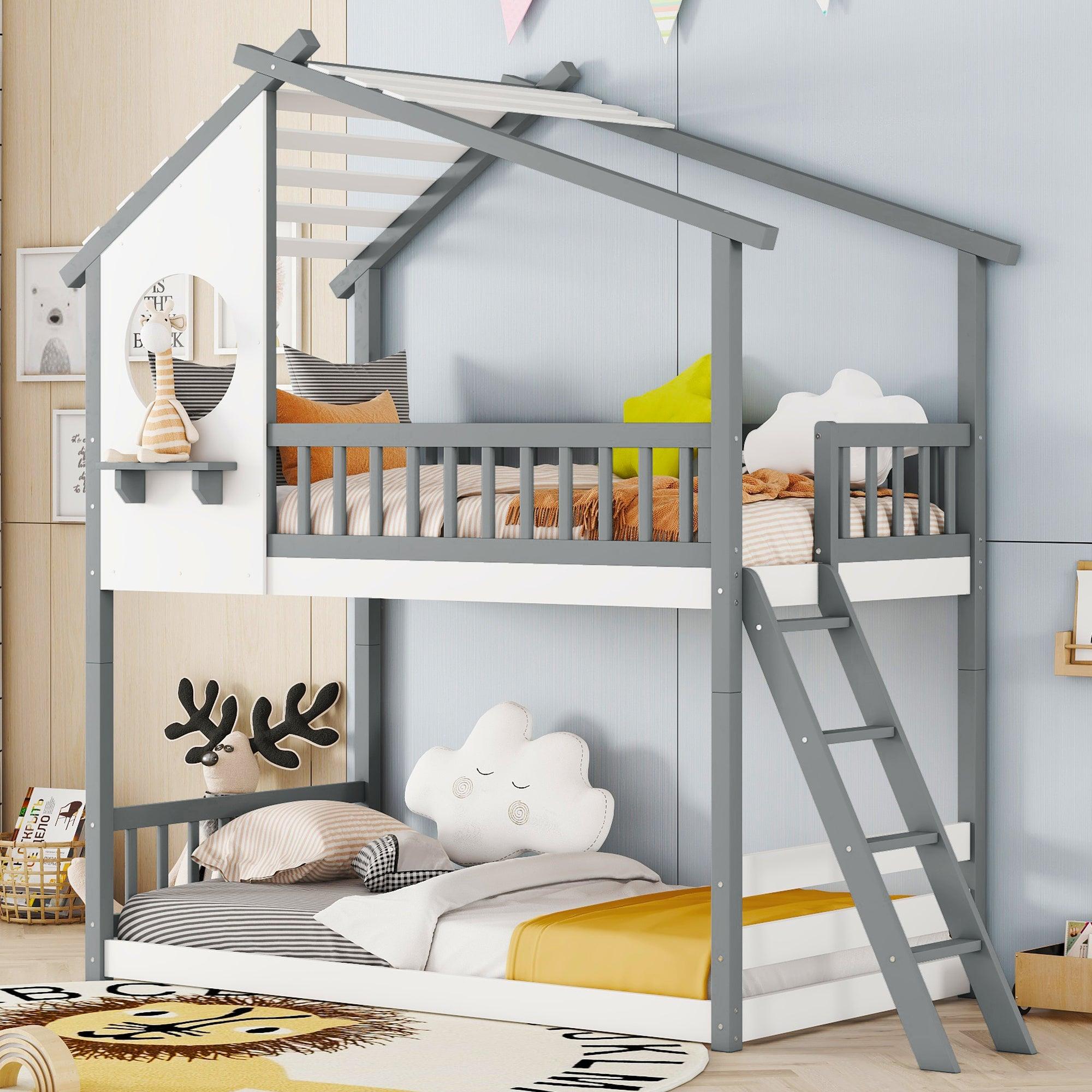 🆓🚛 Twin Over Twin Bunk Bed Wood Bed With Roof, Window, Ladder, Gray