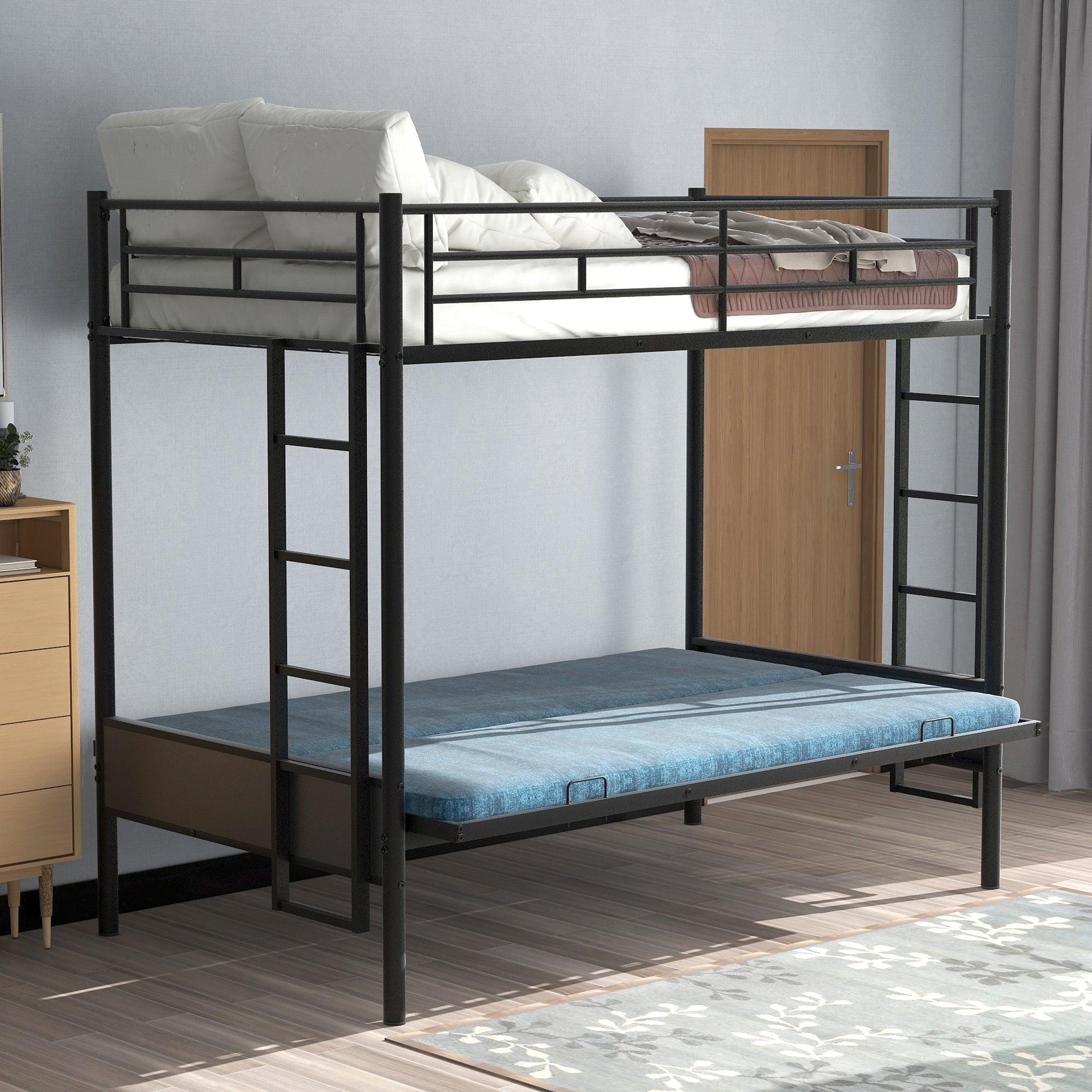 🆓🚛 Twin Over Full Metal Bunk Bed, Multi-Function, Black