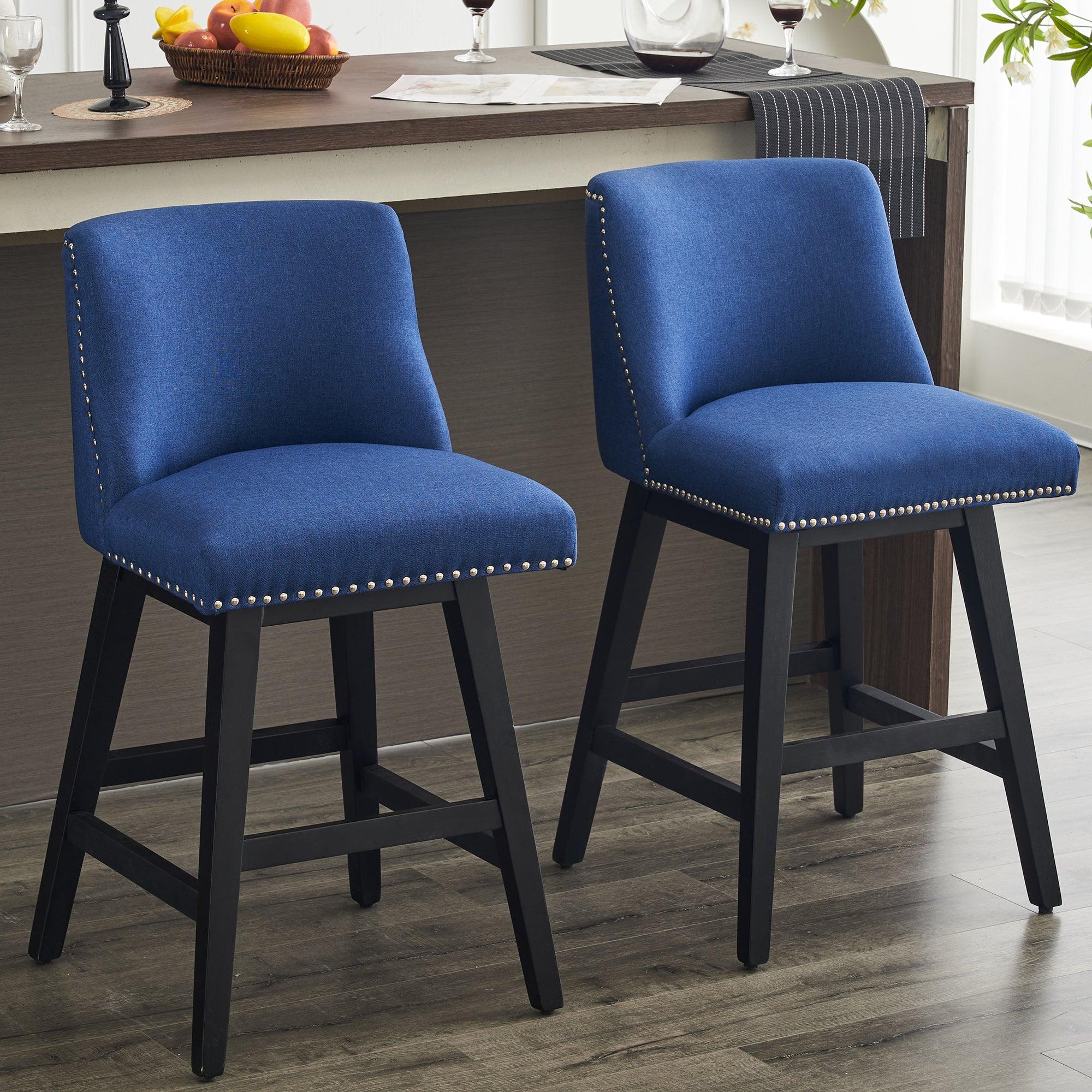 26" Upholstered Swivel Bar Stools Set of 2, Modern Linen Fabric High Back Counter Stools with Nail Head Design and Wood Frame