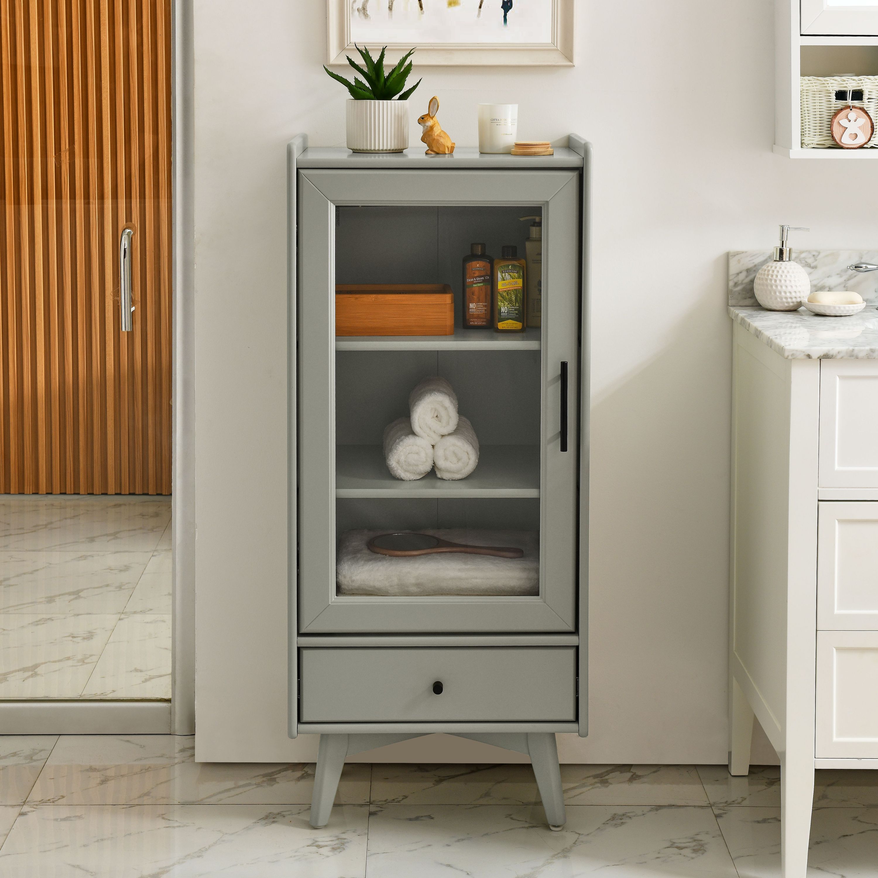 🆓🚛 Modern Bathroom Storage Cabinet, Glass Door, Double Adjustable Shelves & One Drawer, Gray (19.75"×13.75"×46")