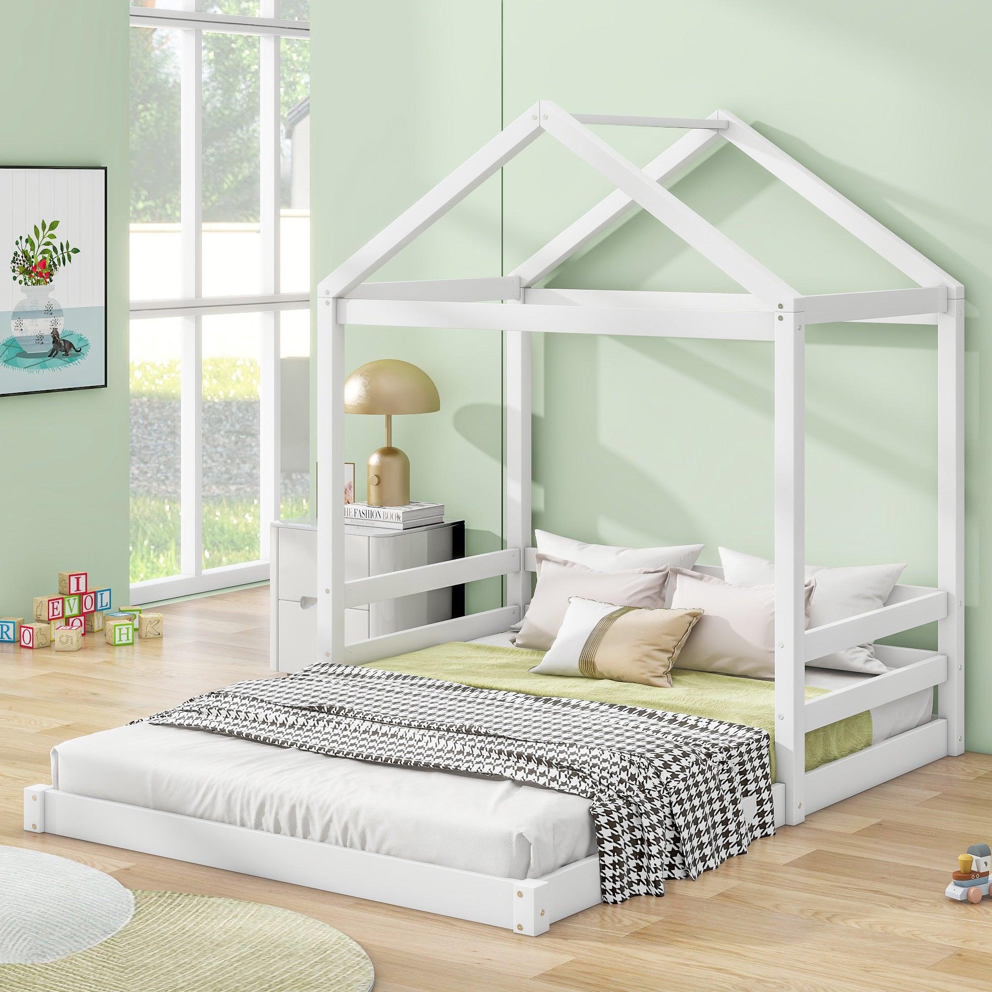 🆓🚛 Wood Full Size House Bed With Guardrail, White