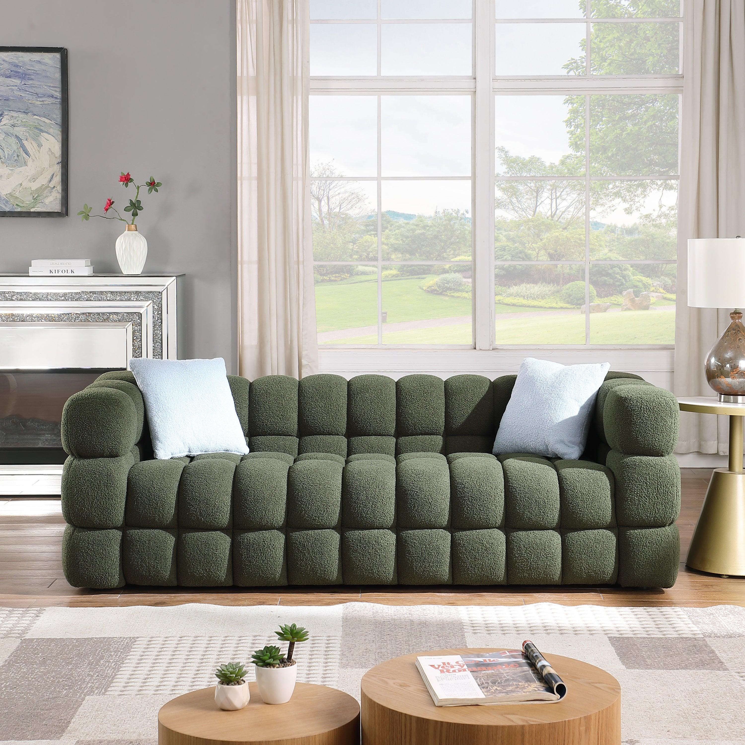 🆓🚛 84.3 Length, Marshmallow Boucle Sofa, 3 Seater, Olive Green