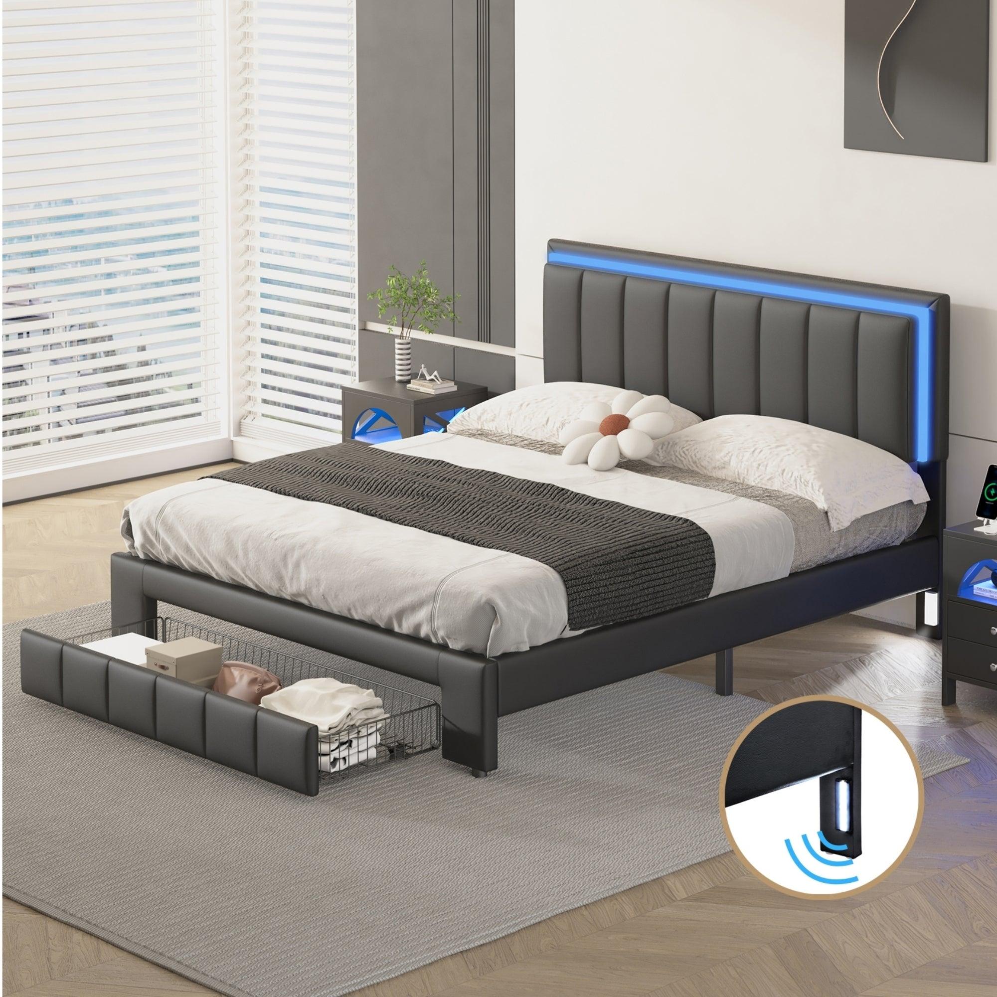 🆓🚛 Upholstered Platform Bed With Led Lights & Two Motion Activated Night Lights, Queen Size Storage Bed With Drawer, Black