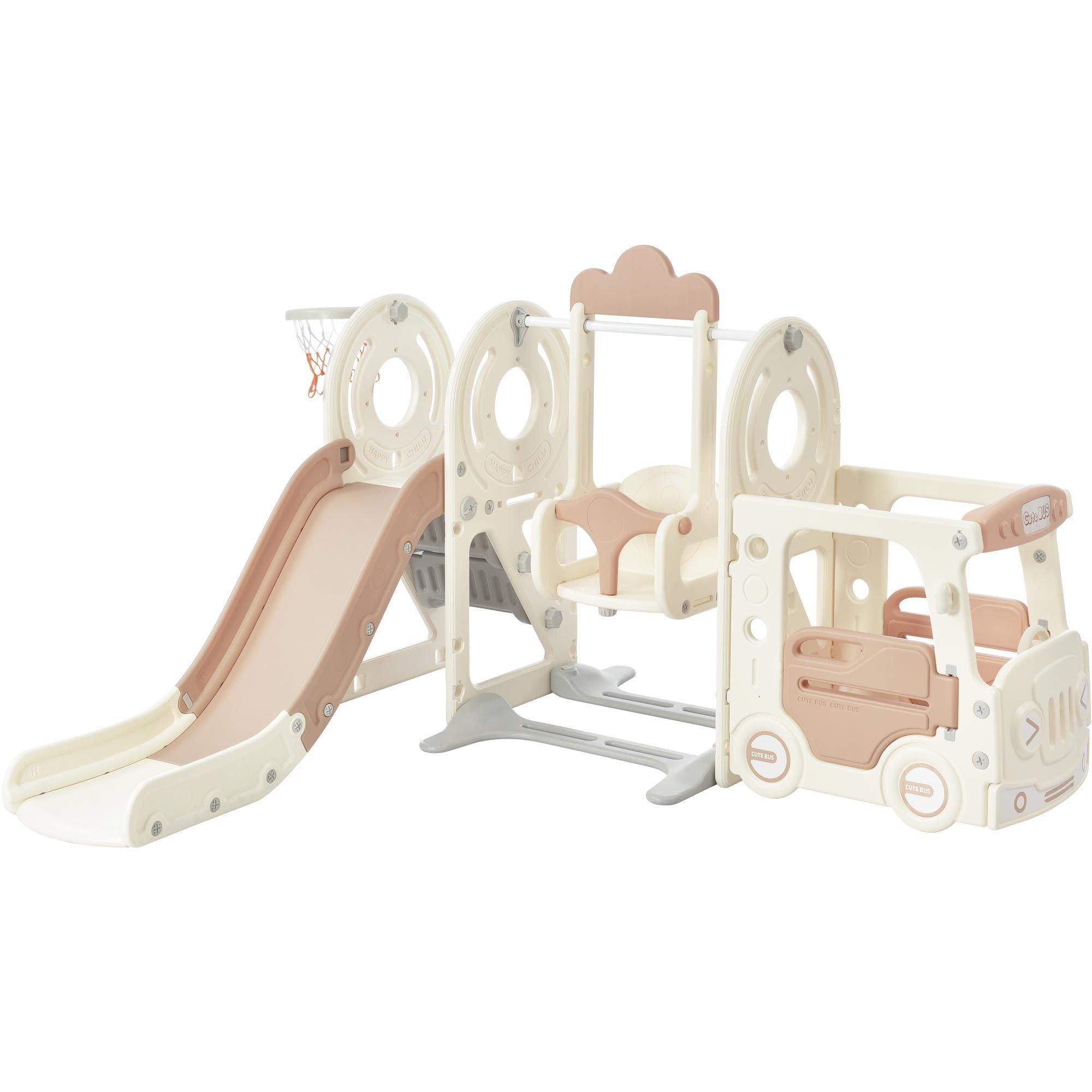 🆓🚛 Kids Swing-N-Slide With Bus Play Structure, Freestanding Bus Toy With Slide&Swing for Toddlers, Bus Slide Set With Basketball Hoop, White & Beige
